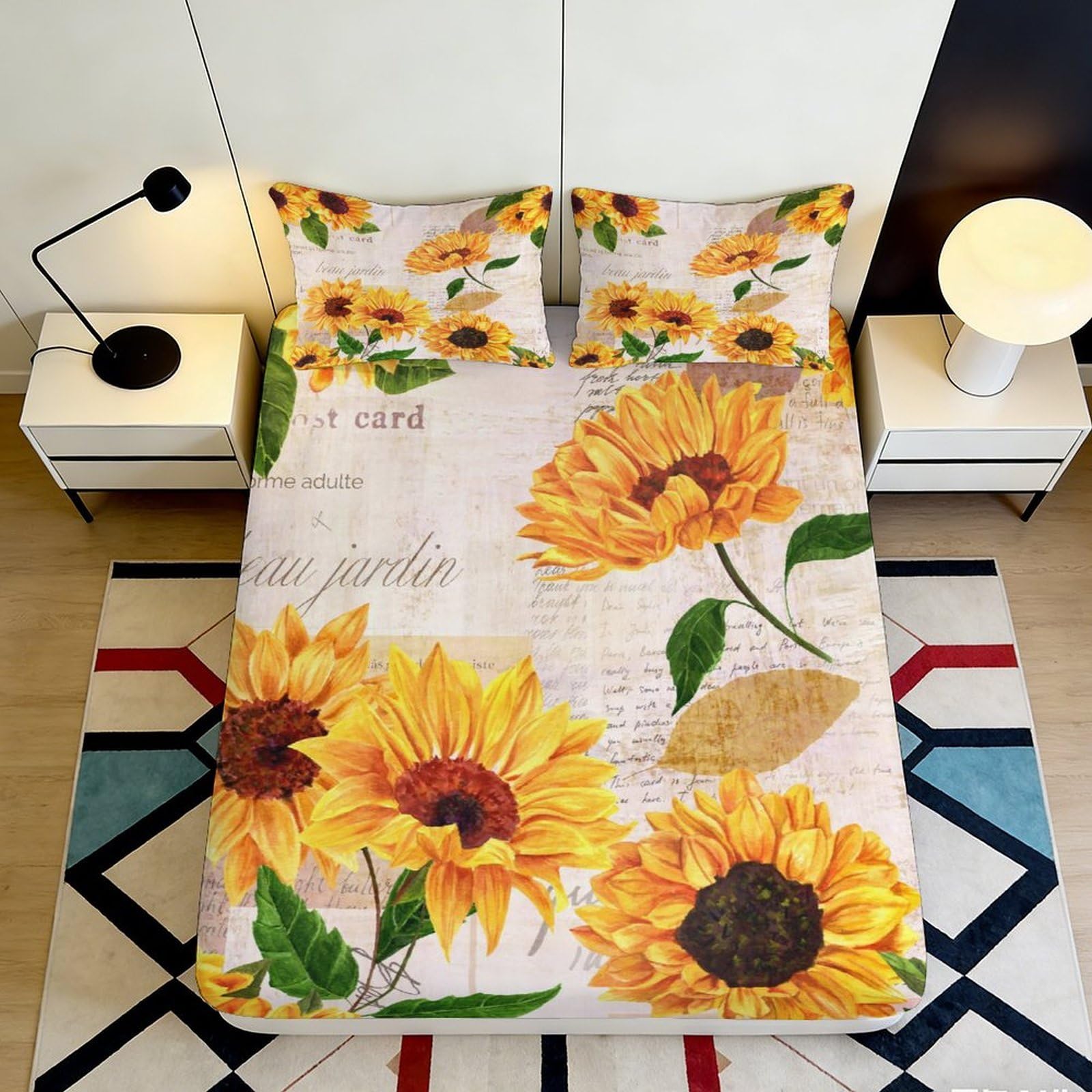 3D Printed Sunflower Fitted Sheet Microfiber Soft Yellow Floral Mattress Cover for Bedroom Guest Room Dorm Decor 90x200x25cm