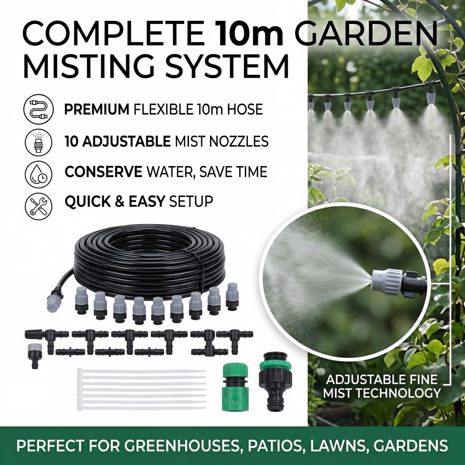 Kit de tuyau d'arrosage multifonction pour serre de jardin, système d'arrosage de pelouse avec 10 buses de brumisation, 10 m, 32,8 pi, PVC, ABS