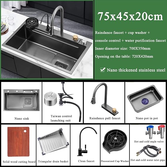 Kitchen Sink 304 Stainless Steel Nano Raindance Waterfall Sink Home Sink Vegetable Basin Single Sink Workstation Kitchen Sink With Pull-Out Faucet, Pressurized Cup Washer