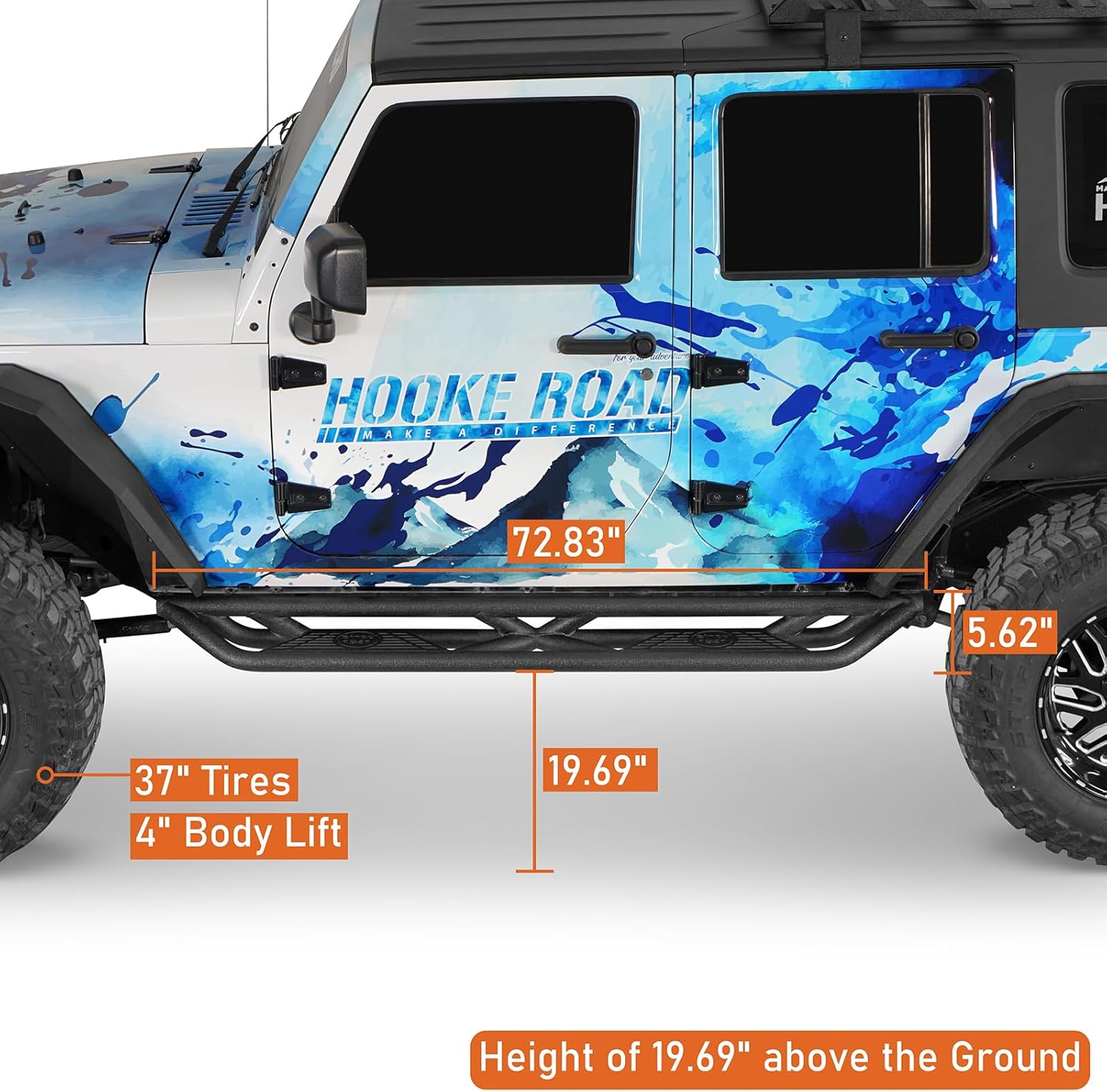 Hooke Road 4 Door JK Drop Side Step Running Boards for 2007-2018 Jeep Wrangler JKU 4-Door Only, Heavy Duty Steel Step Bar with Non Slip Pads