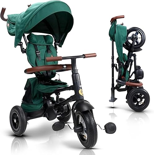 QPlay Rito - Trike plegable de lujo prémium para niños pequeños con puntos de contacto de cuero, cochecito de triciclo para niños pequeños, triciclo