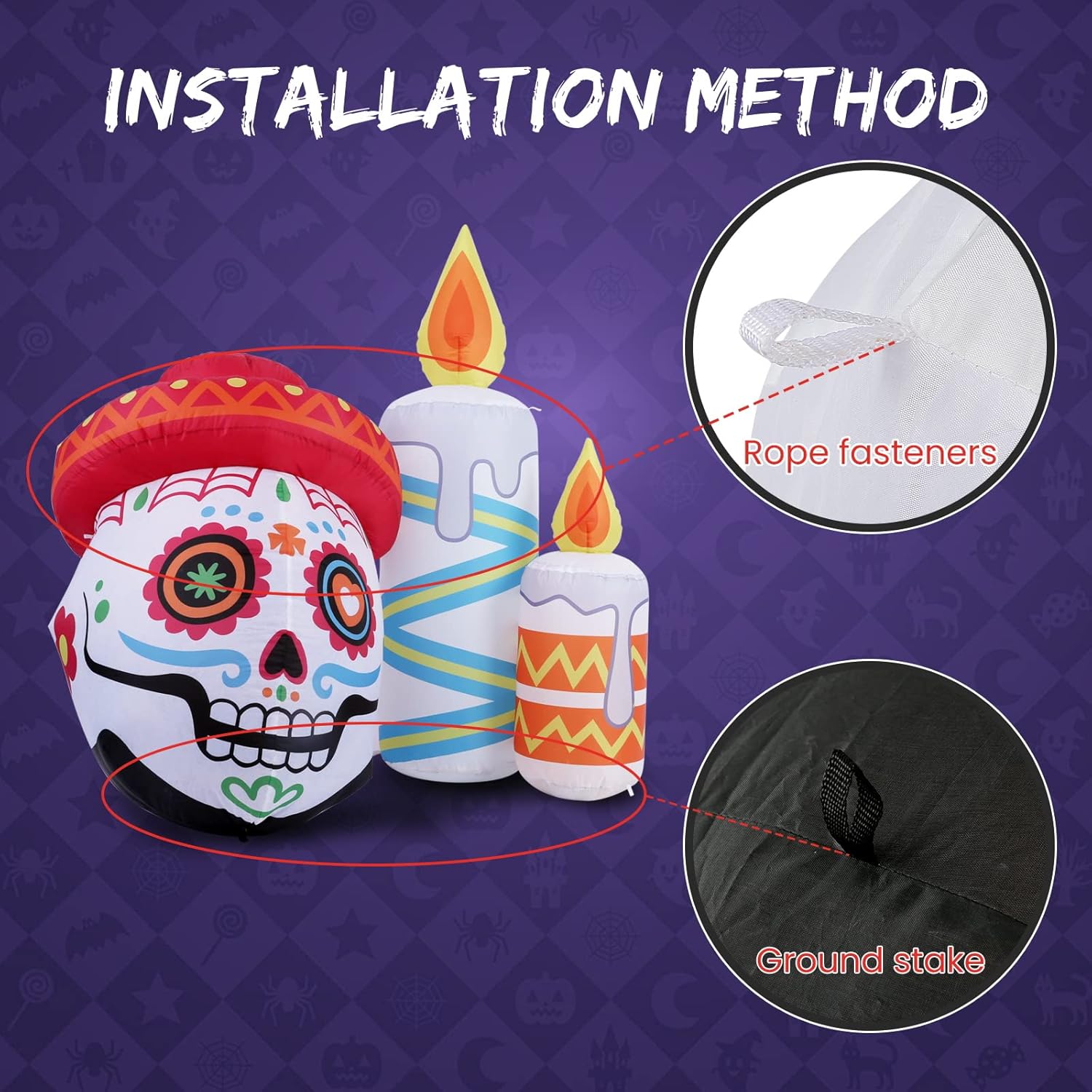 WBHome 4 Ft Halloween Inflatable Skull with Candles Outdoor Decorations, Day of The Dead Blow Up Yard Decor with Built-in LED Light for Lawn Home Dia de Los Muertos Party Indoor Outdoor