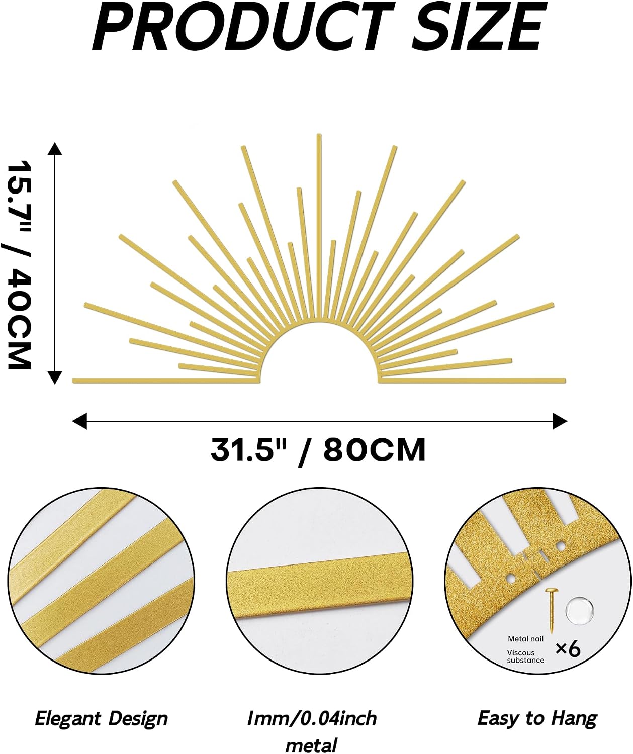 Gold Metal Sun Wall Art - Geometric Flat | 31.5"x15.7" gold metal sun wall art, living room bedroom office decor, flat.