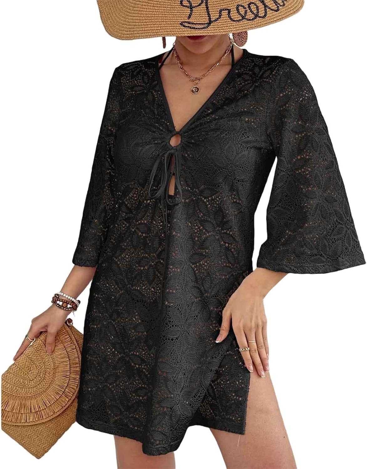Swimsuit Coverup for Women Floral Lace Beach Cover Up Hollow Out 3/4 Sleeve Cover Ups Summer Vacation Outfits