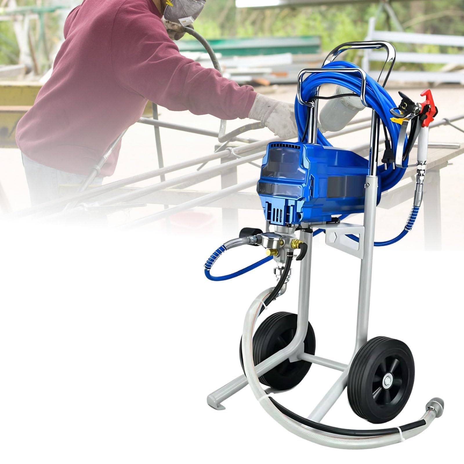 Profesjonalny agregat malarski hydrodynamiczny (airless) o mocy 1800 W i wydajności 400 m²/h, z wężem 5 m i regulacją ciśnienia – do wnętrz, na zewnątrz oraz do mebli
