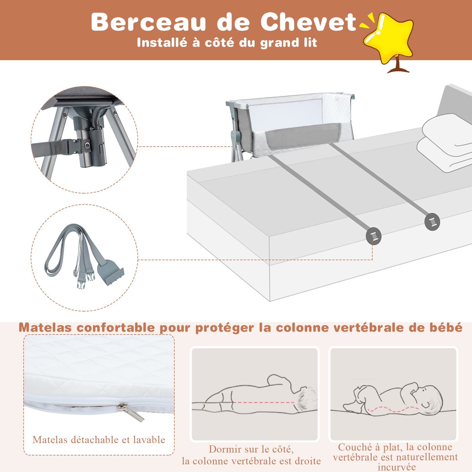Lit Parapluie Bebe Avec Matelas GOPLUS Lit Bébé Cododo Réglable - Gris Foncé | 0-6 Mois | Matelas Amovible & Roues Lit Bebe