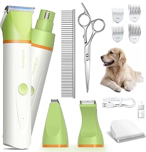 unibono Dog Clippers with Paw Trimmer, All-in-One Dog Grooming Kit Low Noise Electric Rechargeable Small Quiet Foot Razor Pet Hair Shaver with Stainless Steel Scissors Guards for Dogs Cats at Home