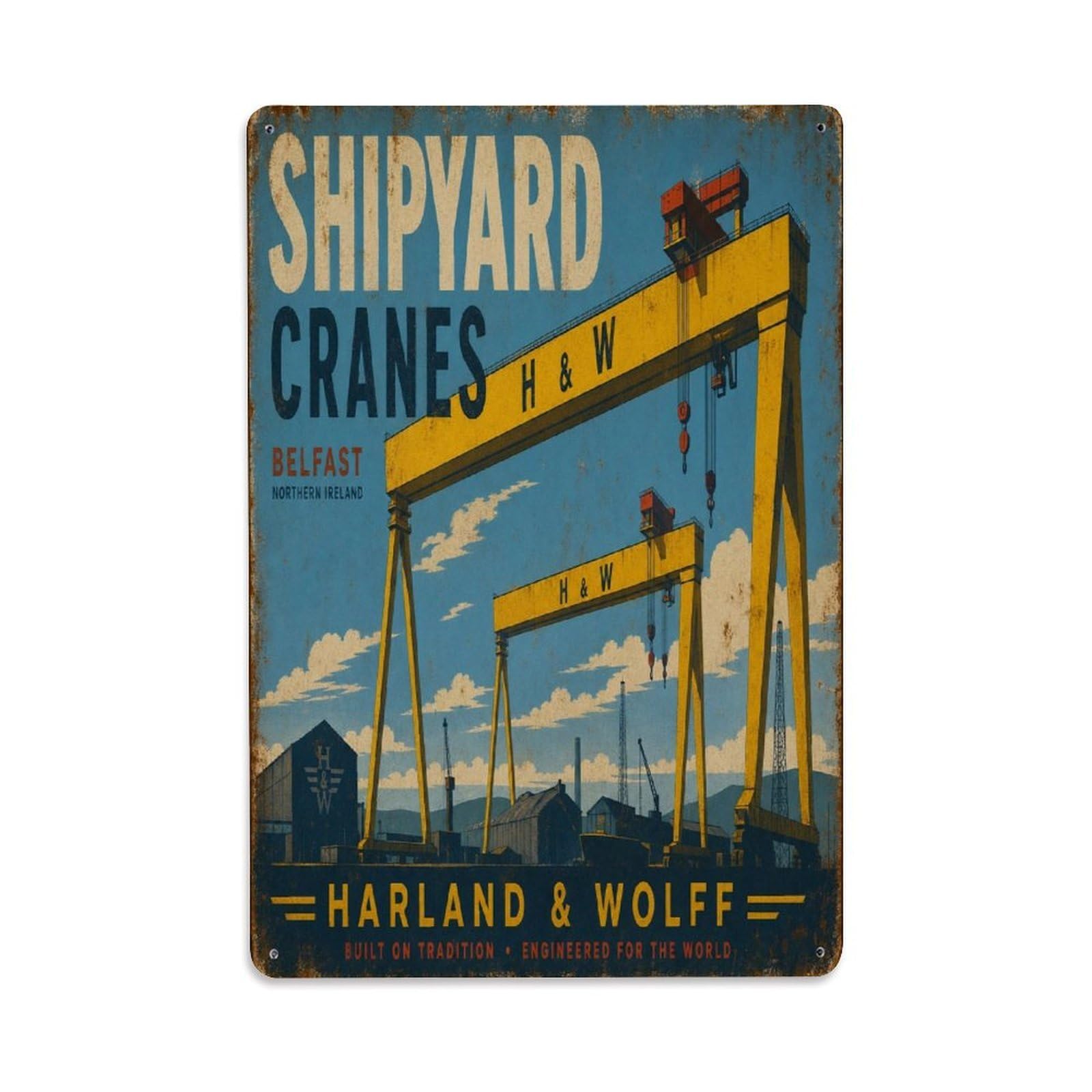 Belfast Shipyard Giant Cranes Maritime Heritage Metal Tin Sign Plaque Wall Decor for Cafe, Man Cave, Club Bar, Office, Home Garden Round Metal Poster 8x12Inch
