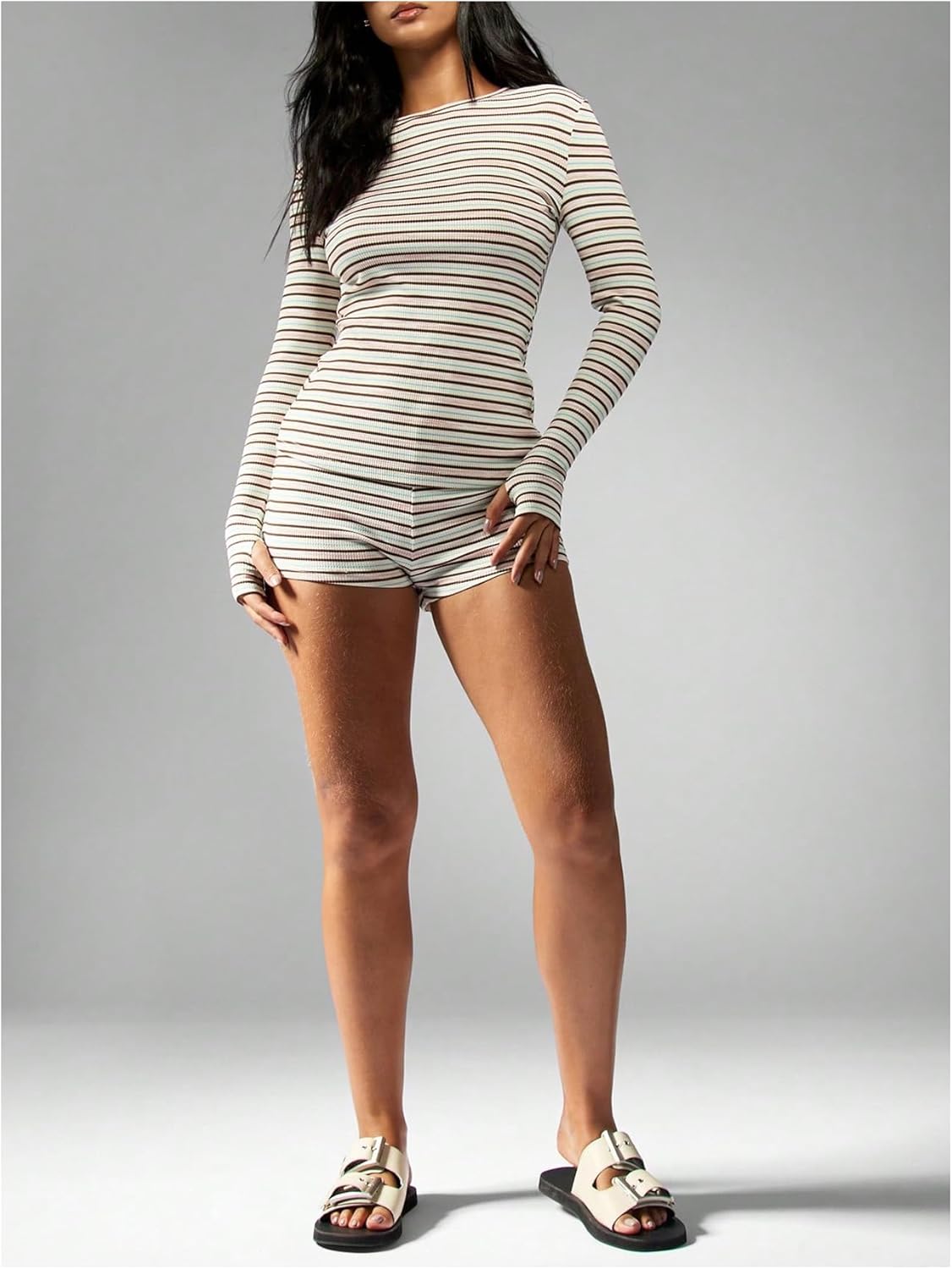 Verdusa Women's Comfiest Airport Outfits 2 Piece Sets Striped Long Sleeve Lounge Set and Mini Shorts Set - Image 5