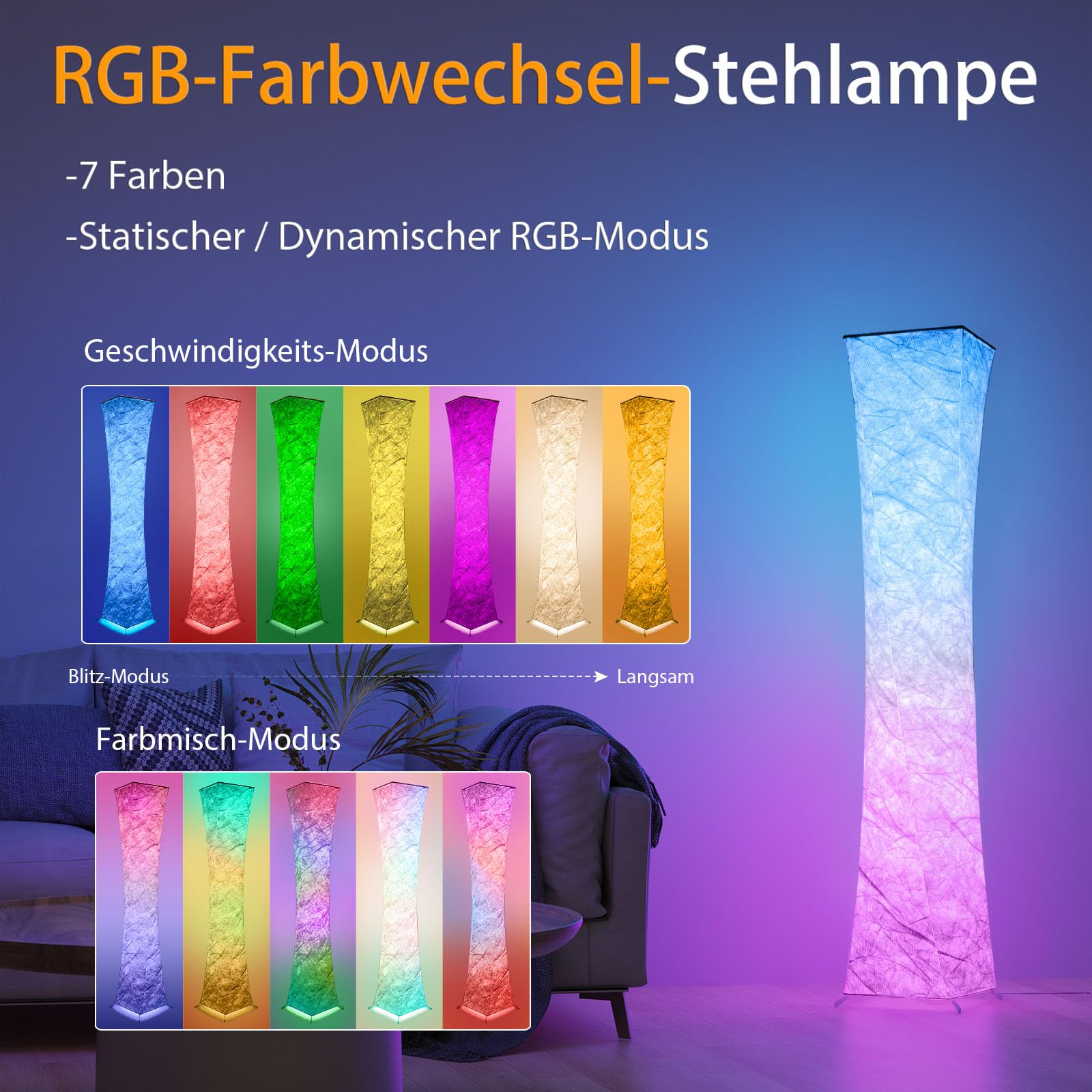 ANTENLICHT RGB Stehlampe Wohnzimmer Dimmbar LED Stehleuchte Stoff Weiß | Farbspiel Standleuchte mit Musik Sync, Schönes Floor Lampe mit Fernbedienung/App Control für Wohnzimmer Schlafzimmer Büro