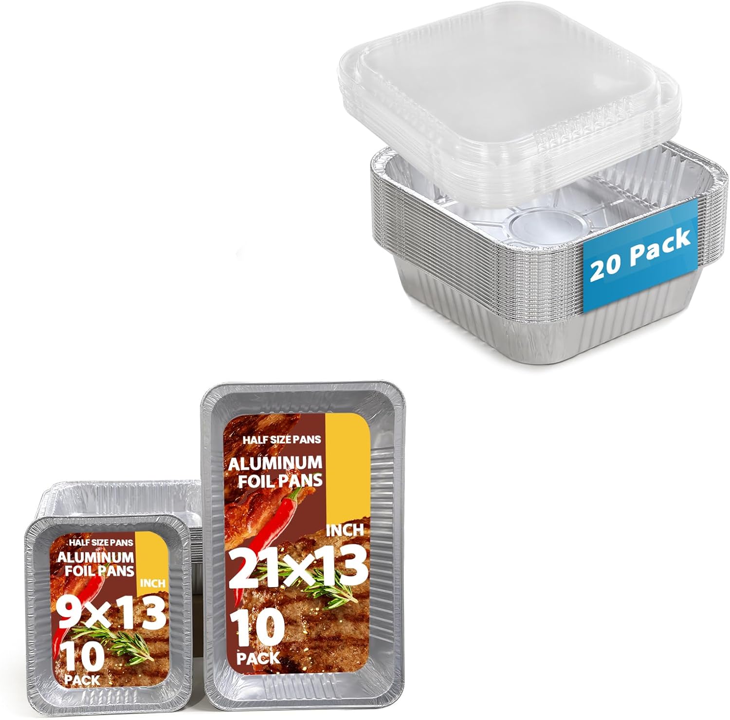 Aluminum Foil Pans 20 Pack, 9x13 10 Pack, 21x13 10 Pack & 8x8 Aluminum Foil Pans with Clear Lids 20 Pack