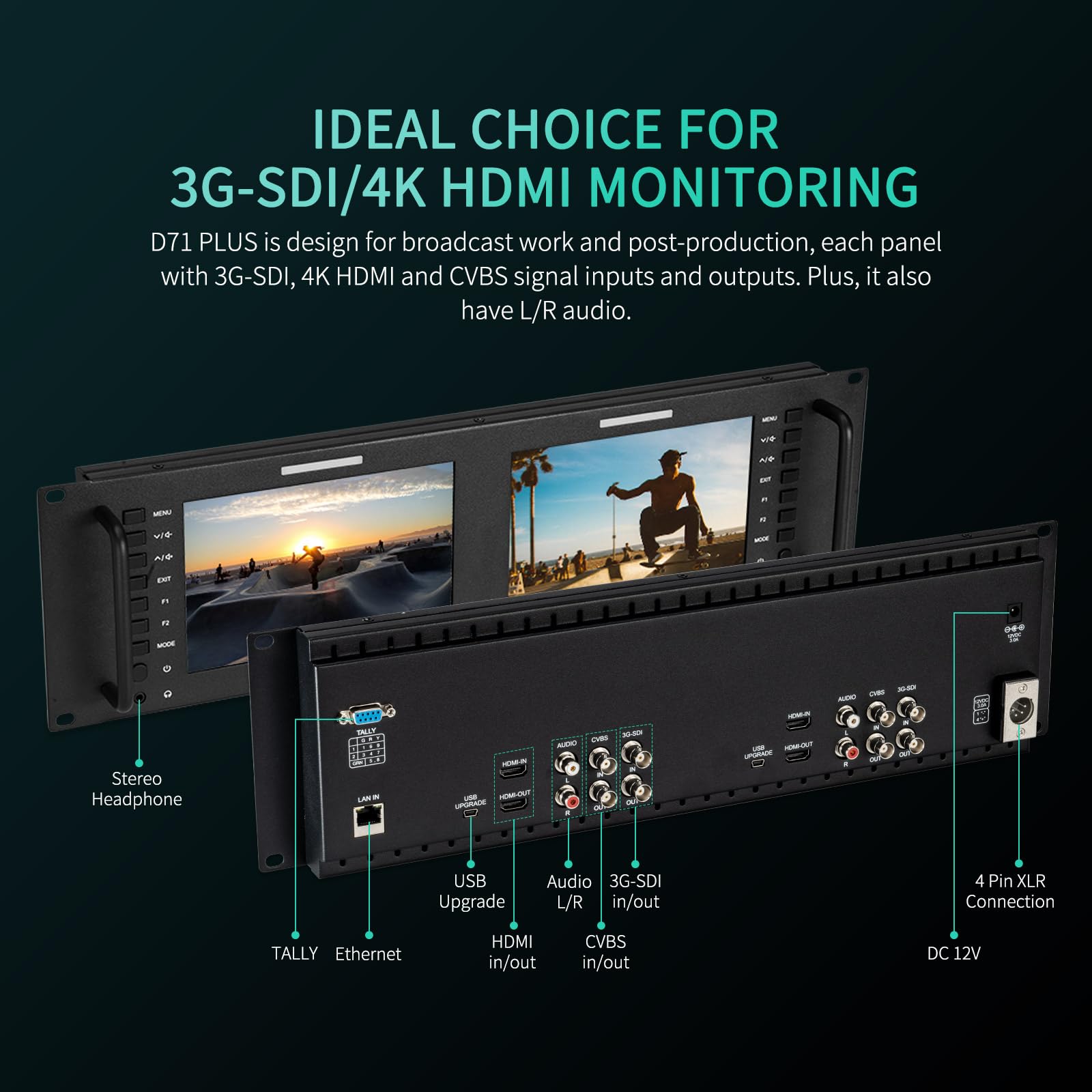 Feelworld D71 Rack Caméra Monitor Pro Broadcast Dual 7" 3RU Ultra HD 1280×800 Champ Vidéo LCD IPS Screen 800:1 Contraste élevé avec HDMI SDI AV Ethernet