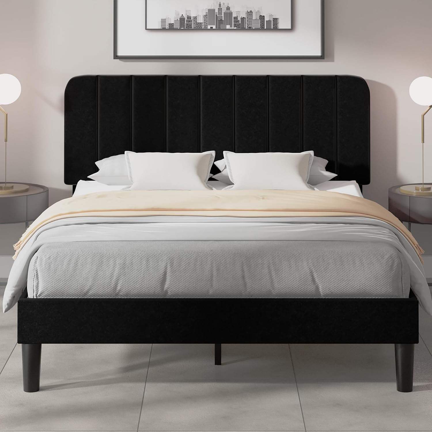 VECELO Full Size Bed Frame with Adjustable Headboard, Velvet Heavy Duty Platform Beds with Strong Wood Slats Support, No Box Spring Needed, Black