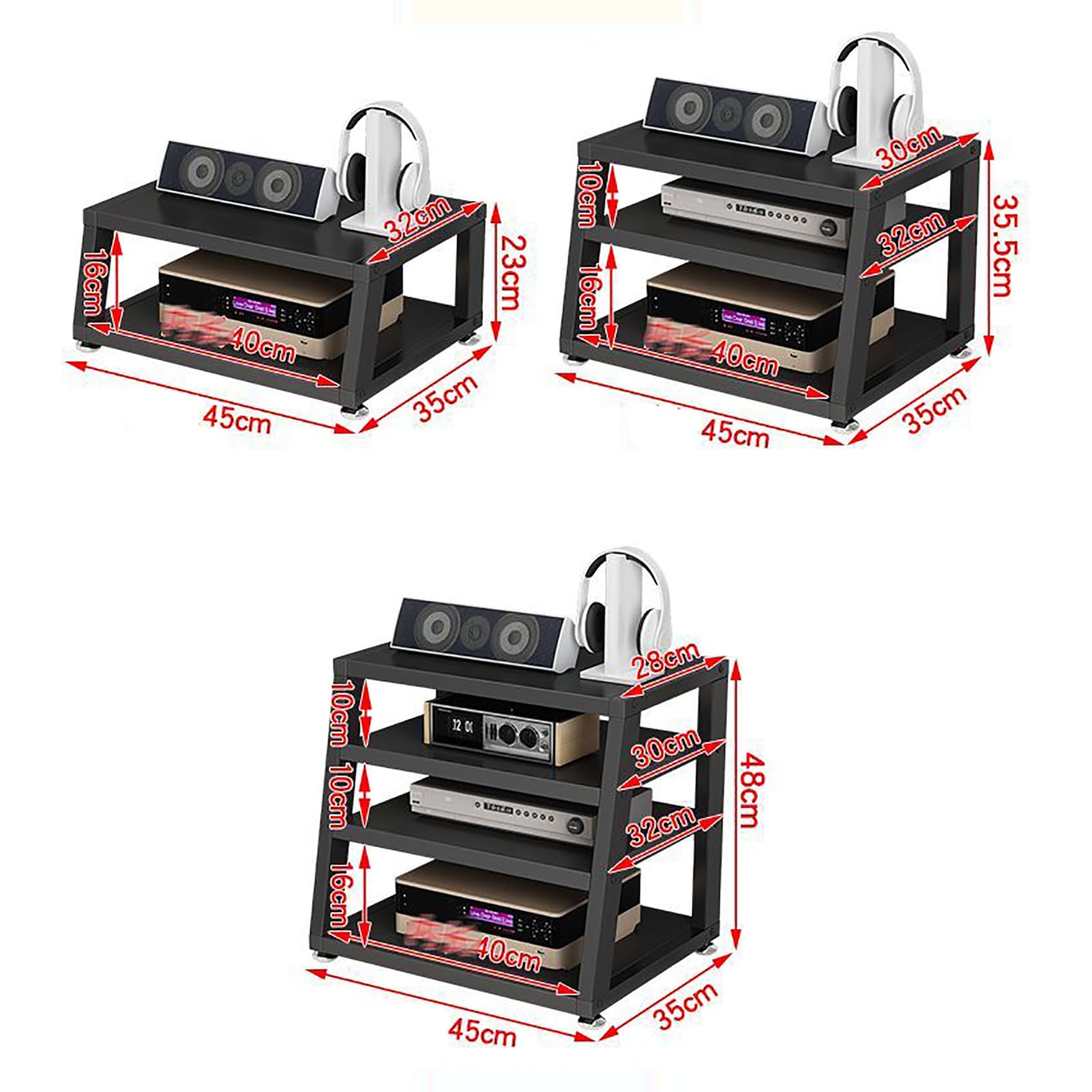 Supporto AV da tavolo, scaffale audio-video con ripiano in legno, armadio stereo aperto, armadio componente, mobile per scrivania per computer, nero, 3 livelli, larghezza 45 cm