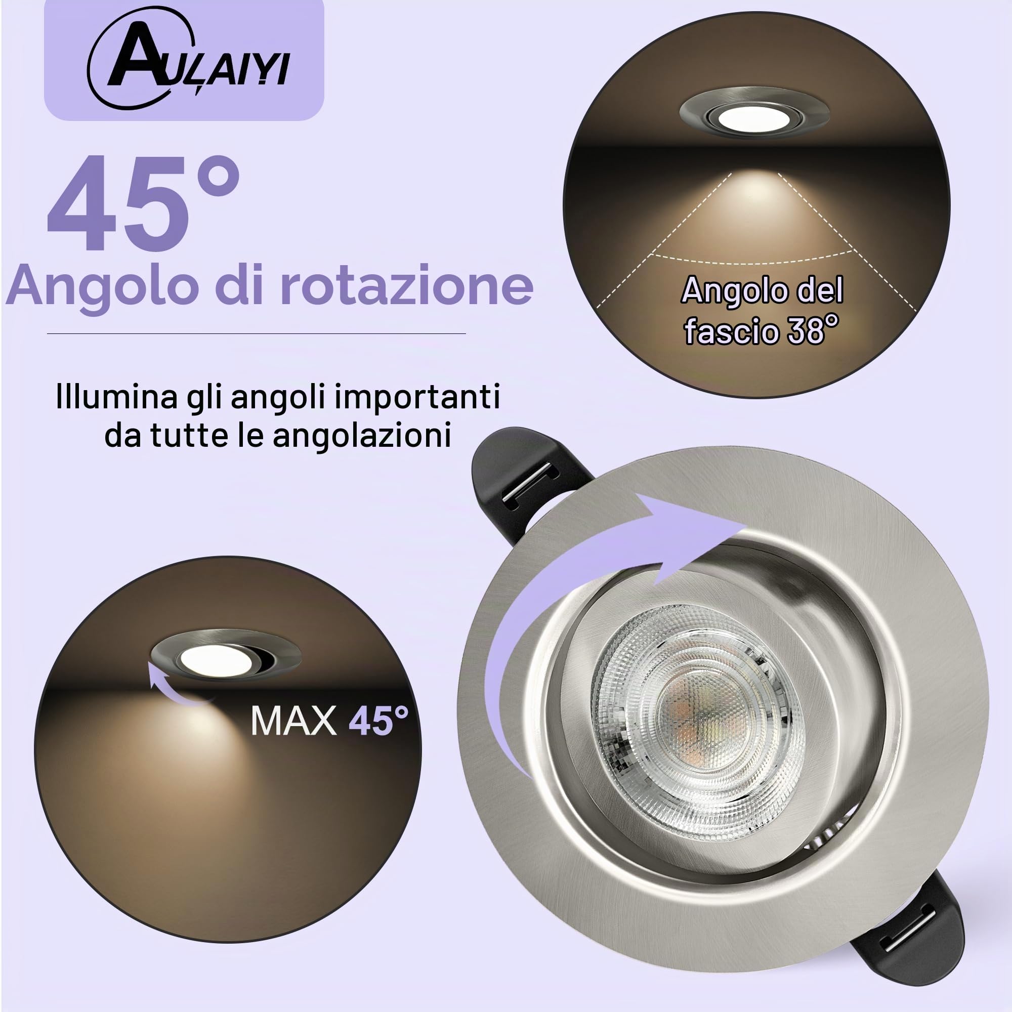 Faretti LED da Incasso per Cartongesso Dimmerabile 230V, 5.5W 600LM IP44 Faretto Incasso Ultra Piatti 68mm, Caldo/Neutro/Freddo Faretti LED Soffitto Ruotabile a 45° per Bagno, Set di 6 Nichel