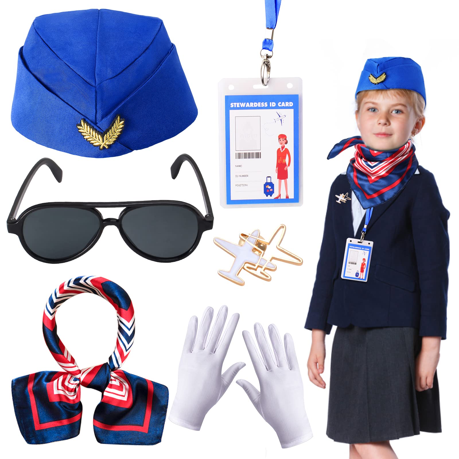 Kids Flight Attendant Accessories Set Stewardess Air Hostess Hat for Girls Career Dress Up Cosplay Halloween Costume