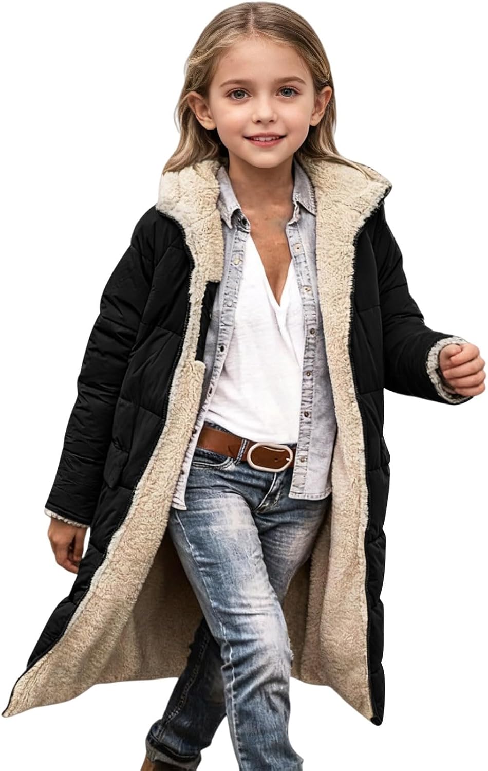 Winter Fleece Long Coats for Girls Oversized Thickened Warm Velvet Lined Jacket Cozy Soft Cotton Hooded Outerwear