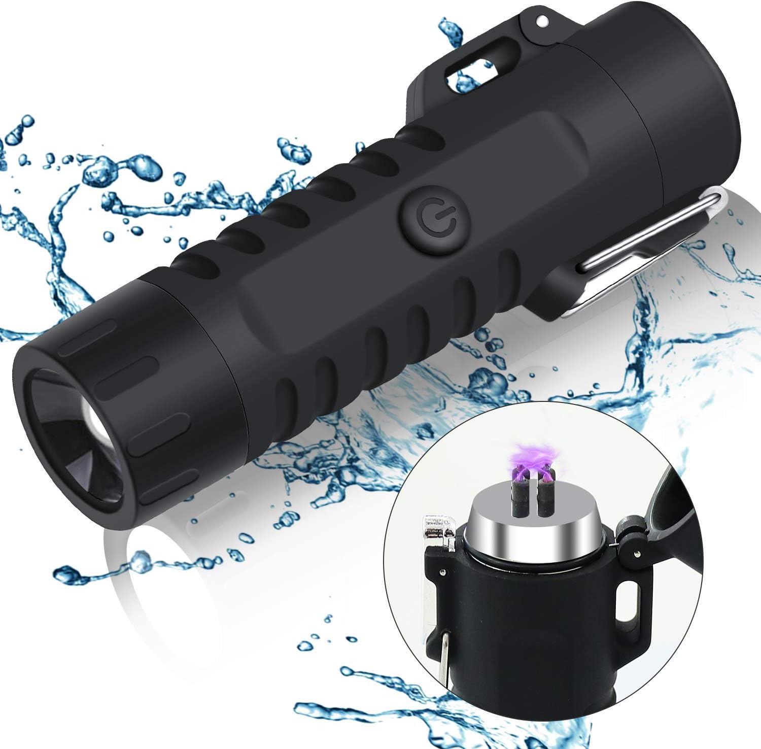 Waterproof Lighter, Outdoor Windproof Lighter Flashlight, USB Rechargeable Dual Arc Lighter, Flameless and No Butane Electronic Plasma Lighter for Camping Hiking (Black)
