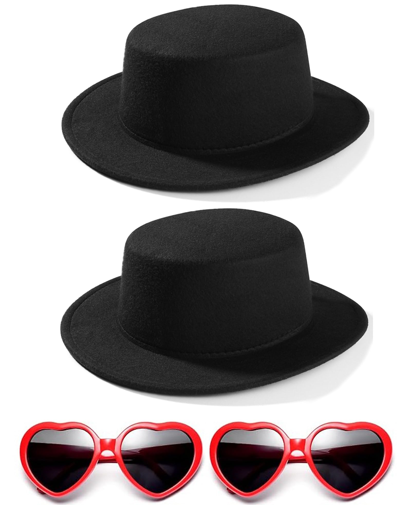2 Pack Black Fedora Hats Red Heart Sunglasses Costume for Kids, Fashion Flat Wide Brim Round Hats