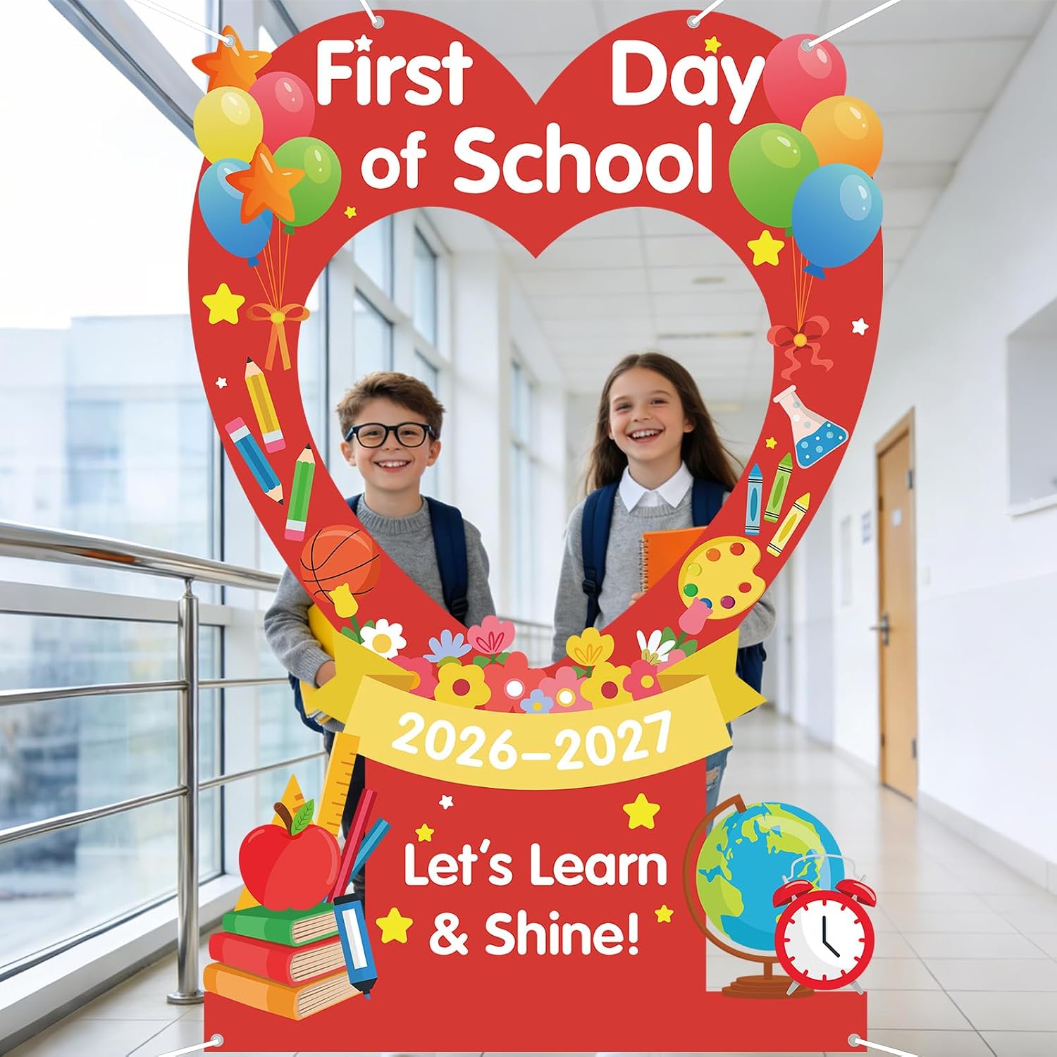 First Day of School Banner Backdrop Decoration 2026 Welcome Back to School Photo Booth Frame Welcome to School Background Apple Heart Party Supplies for New Class Kindergarten Classroom Home Wall Door