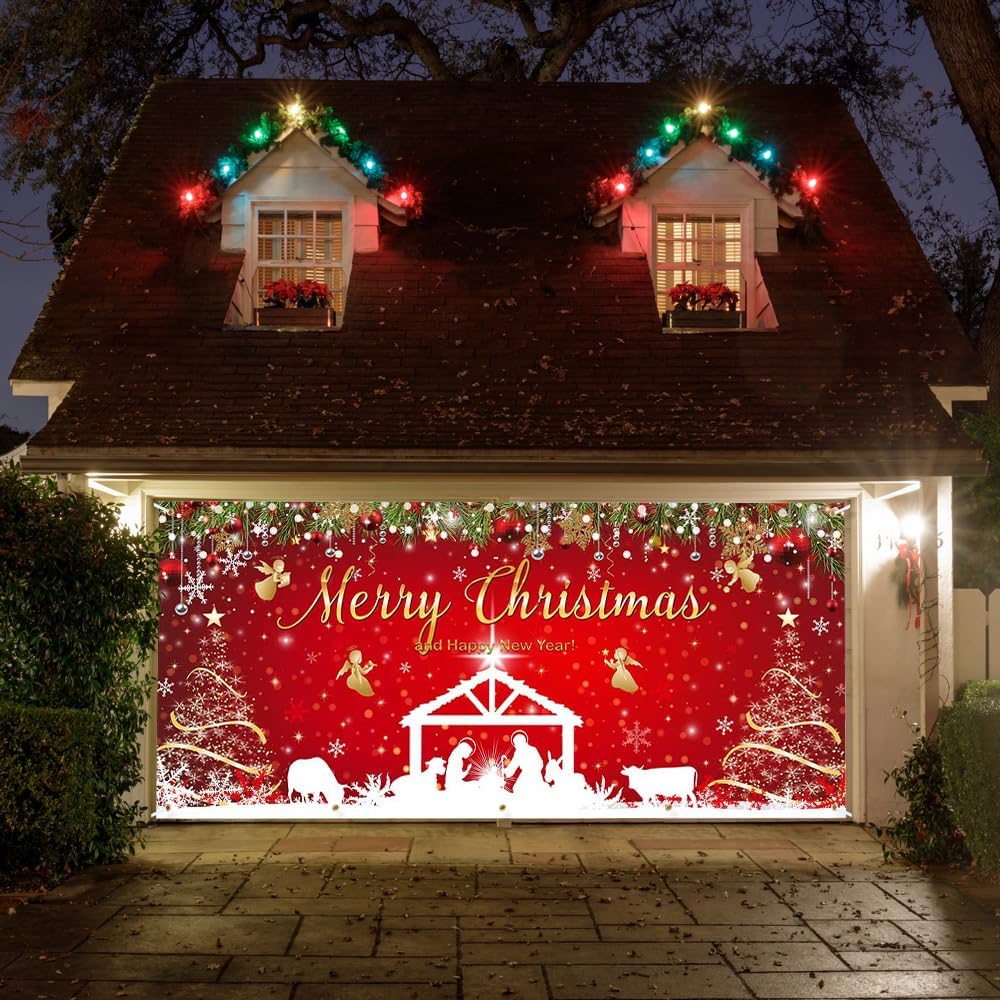 Christmas Garage Door Cover - Nativity Scene Large Outdoor Holiday Decoration Double Car Garage Door Banner - Festive Merry Christmas Happy New Year Decor 7x16ft