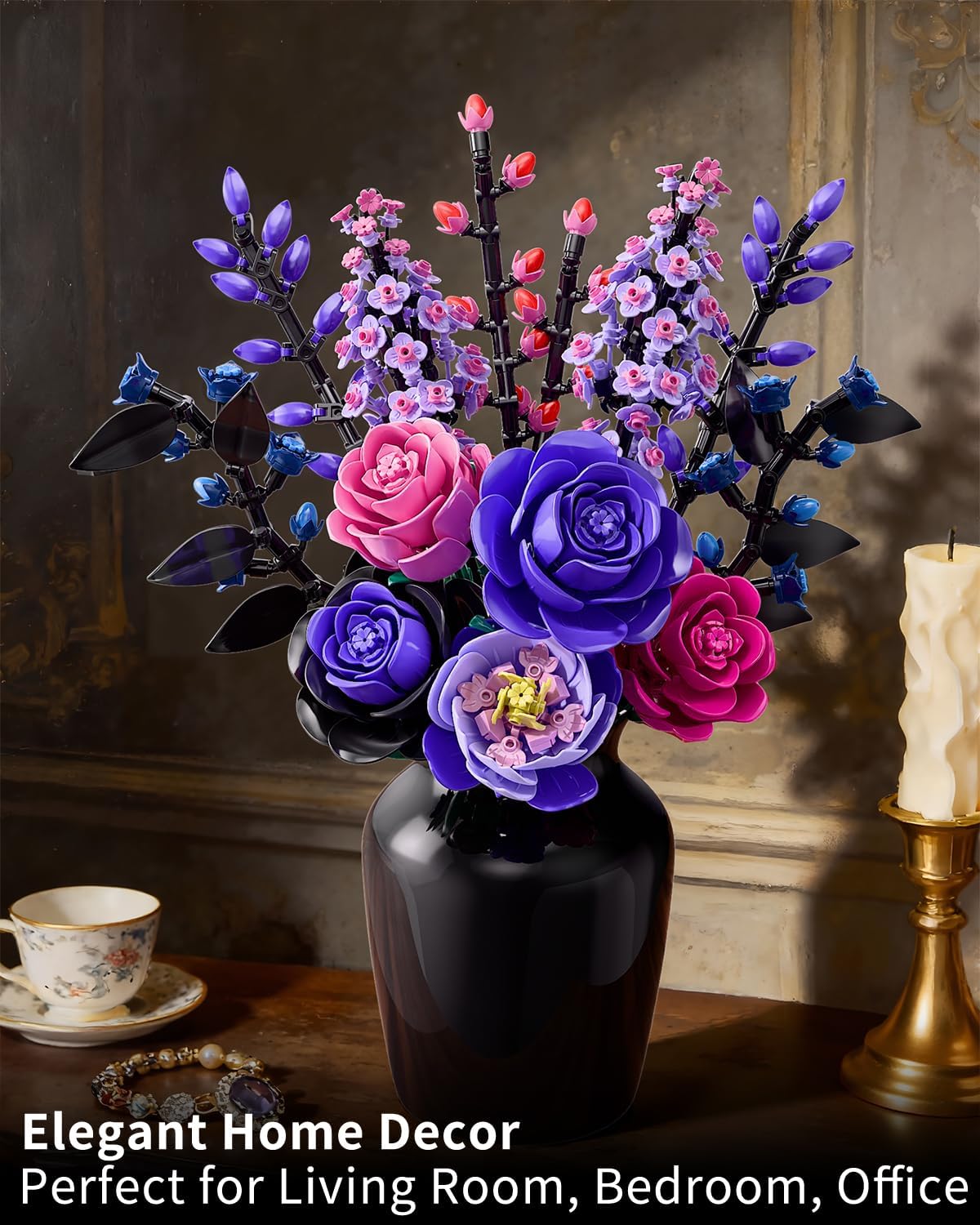 Flowers Bouquet Building Set - Purple Roses Botanical Collection Building Blocks for Adult Women, Artificial Flowers Gothic Home Decor Mother's Day Birthday Gift for Adults Kids Girls 6-12 (806PCS)