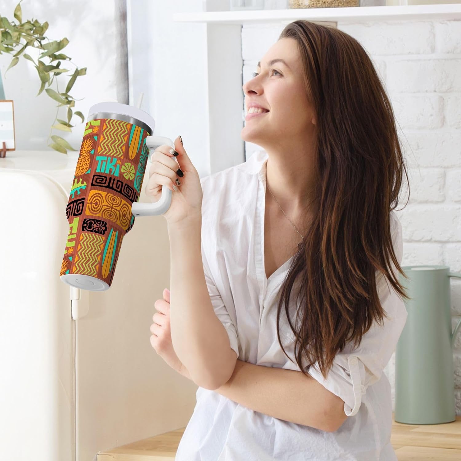 30 oz Tumbler with Straw & Handle - 2 in 1 Lids Leak Proof Tumblers - Large Insulated Stainless Steel Cup Water Bottle Travel Metal Mug for Women Man,Retro Hawaiian Brown Tiki