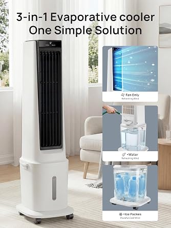 46 Windowless Portable Air Conditioner, Evaporative Air Cooler, Swamp Cooler with 5Gal Water Tank, 120Oscillating Cooling Fans that Blow Cold Air, 3 Speeds&3 Modes, 12H Timer, Bedroom Office Indoor