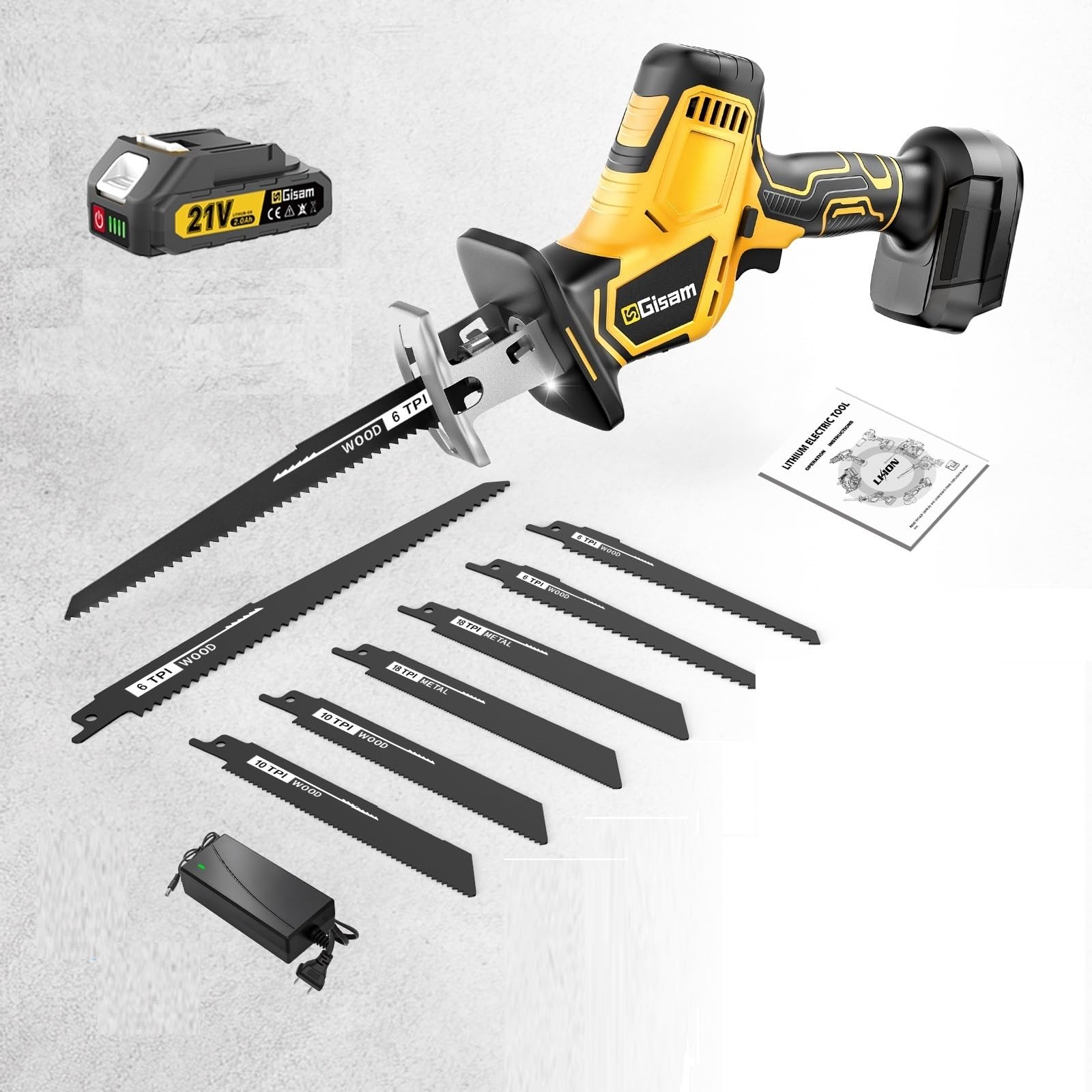 Gisam Sega a sciabola a batteria, 3500 SPM, silenzioso, motore brushless (con 1 batteria)