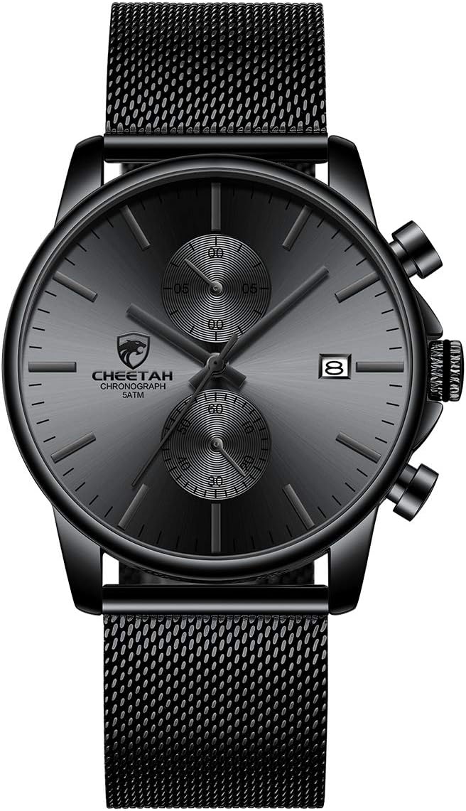 Men’s Watch Fashion Sleek Minimalist Quartz Analog Mesh Stainless Steel Waterproof Chronograph Watches