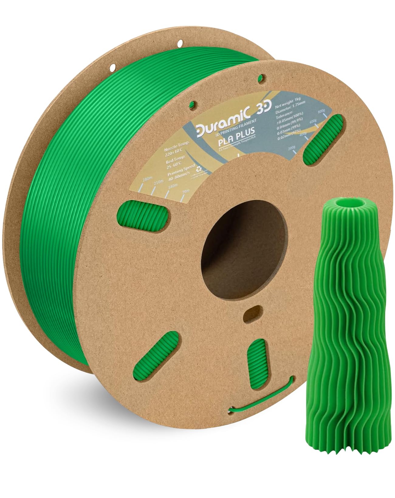 DURAMIC 3D PLA+ Filament 1.75mm 1Kg Green, PLA Plus Filament 1Kg Spool(2.2lbs) Tougher and Stronger, Dimensional Accuracy Probability +/- 0.02mm