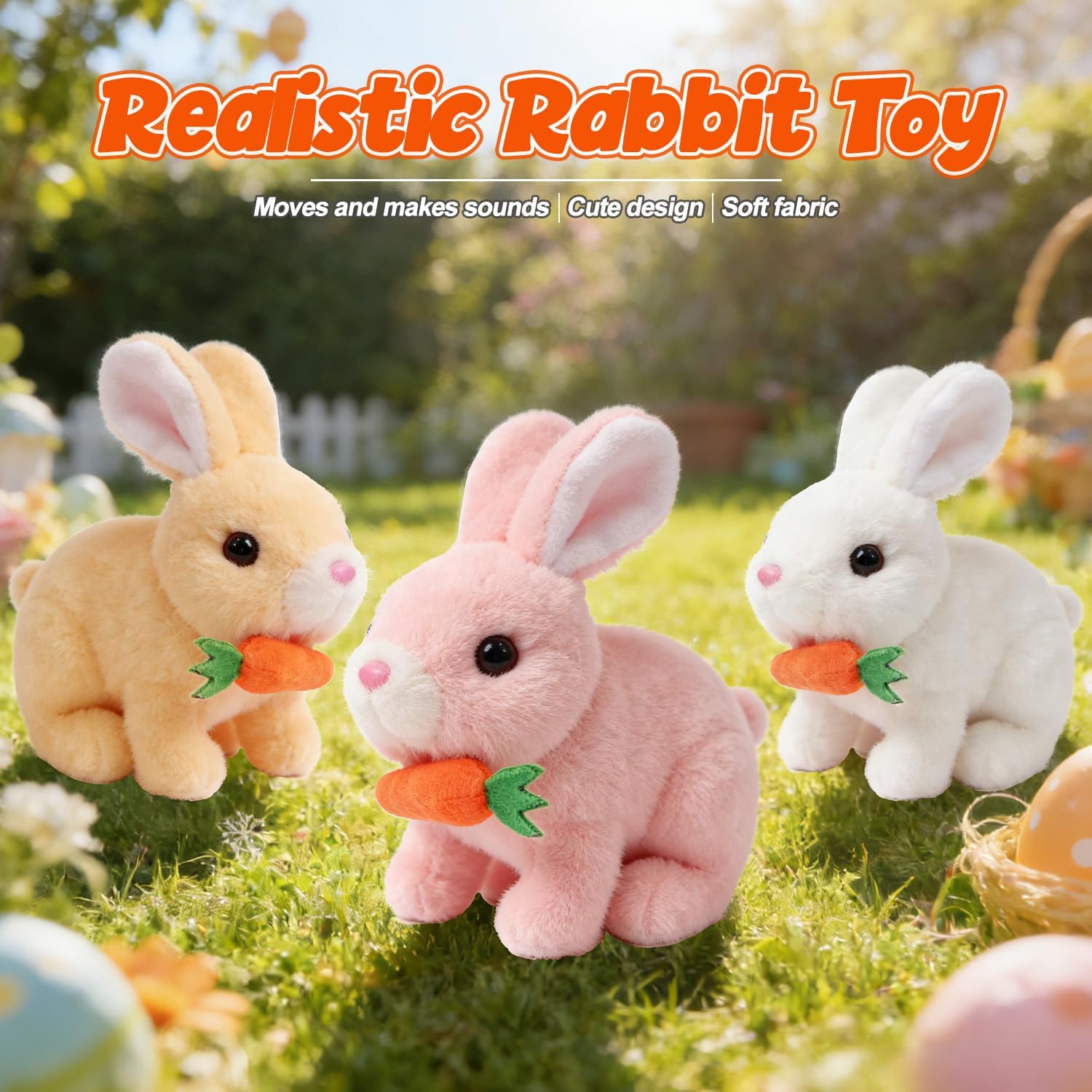 Realistic Bunny Toy,Interactive Hopping Rabbit Plush Toy, with Lifelike Movements, Walking, Sounds & Twitching Nose, Soft Stuffed Animal Easter Gift for Toddlers Kids (Brown)