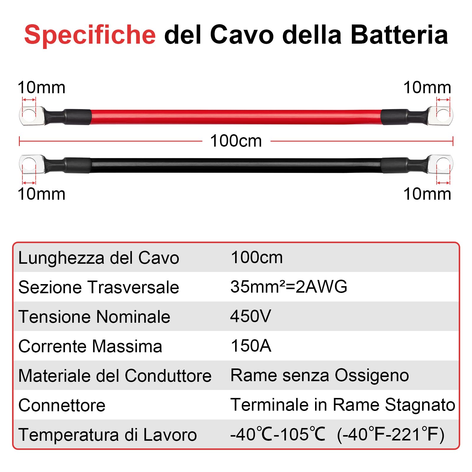 Cavi Batteria Auto 35mm2, Cavo Auto Batteria 2AWG 100cm, Filo di Rame Senza Ossigeno, Corrente Massima 150A, Tensione Nominale 450V, 35mm² Cavi Batteria Camper 12V 24V