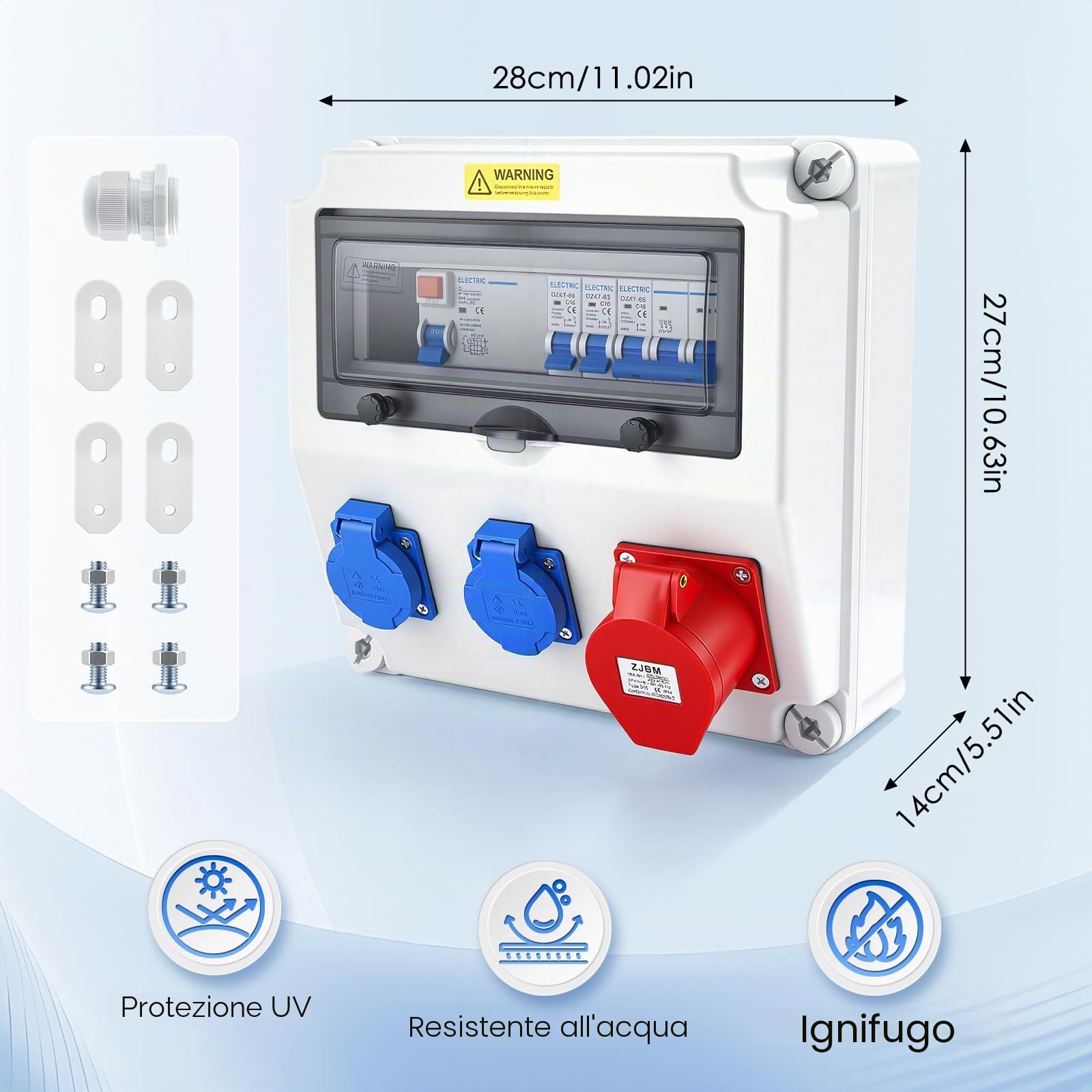 Scatola di Distribuzione a Parete con interruttore automatico e dispositivo di corrente residua, Impermeabile Quadro Elettrico da Cantiere con presa Schuko e presa CEE da 16 A