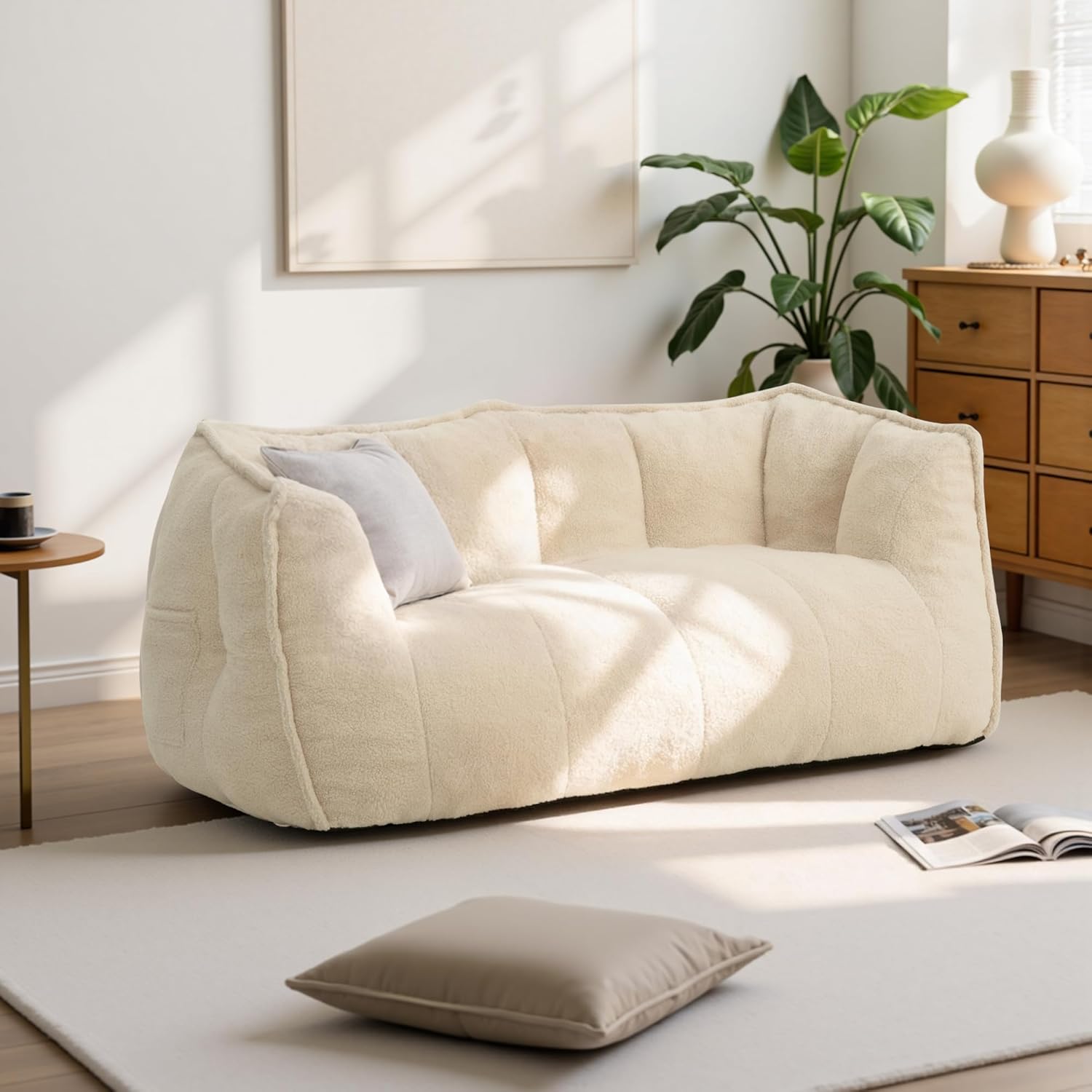 59" Bean Bag Chair, 2-Seat Loveseat Sofa Bed for Adults, Washable Cover,72H Rebound, Fluffy Comfort for Living Room,Bedroom,White