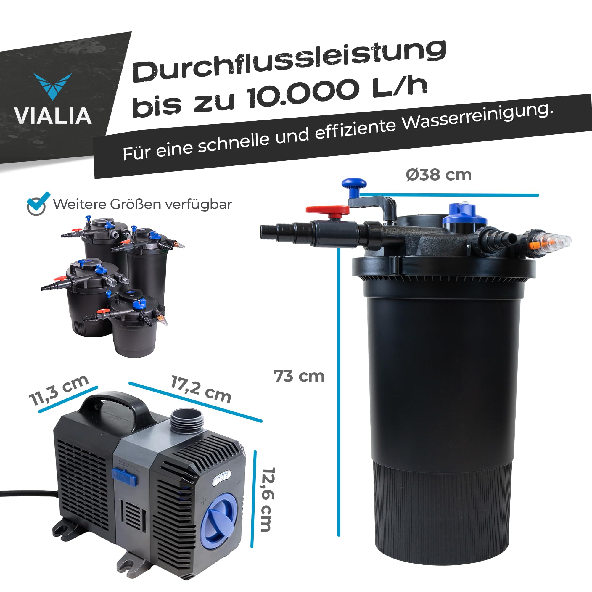 Teich Filteranlage Set 4 | Druckfilter CPF-15000 mit 18W UVC | Für Teiche bis 30.000L | Inkl. Pumpe CTP-5800 (5200L/h) & 10m Schlauch | Einfache Reinigung durch Rückspülfunktion