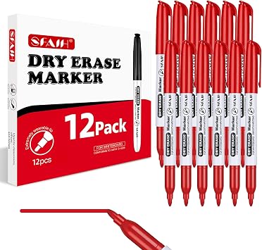 SFAIH Red Dry Erase Markers Fine Tip, 12 Pack, 1-2mm Line, Low Odor
