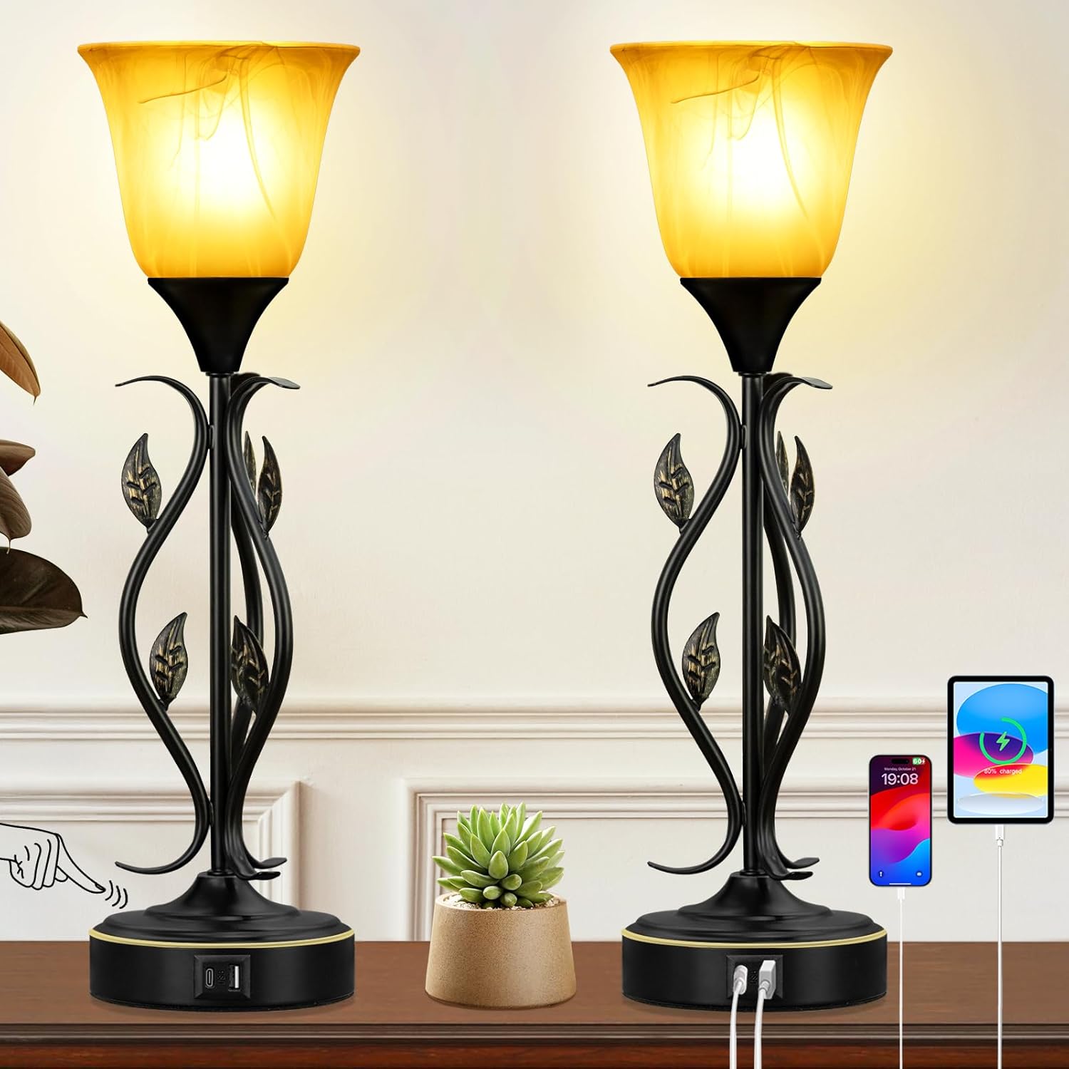Amber Glow Touch Table Lamps Set of 2 – 20” Dimmable Bedside Lamps with USB A and C Ports, Elegant Vine and Leaf Design, Ideal for Bedroom, Living Room, Nightstand, and Reading