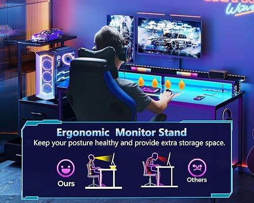 Miniatura 7 de AODK Escritorio para juegos de 59 pulgadas con puertos de carga USB y luz LED, escritorio reversible para computadora con estantes de almacenamiento