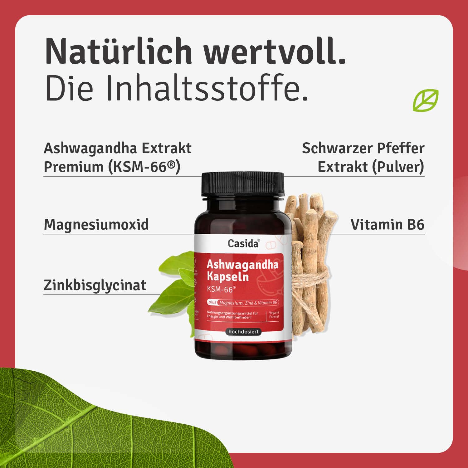 Casida Ashwagandha Kapseln KSM-66 plus Magnesium, Zink und Vitamin B6 - Unterstützung von Energie & Nerven¹²³ - vegan & laborgeprüft - 90 Kapseln (Packung mit 2)