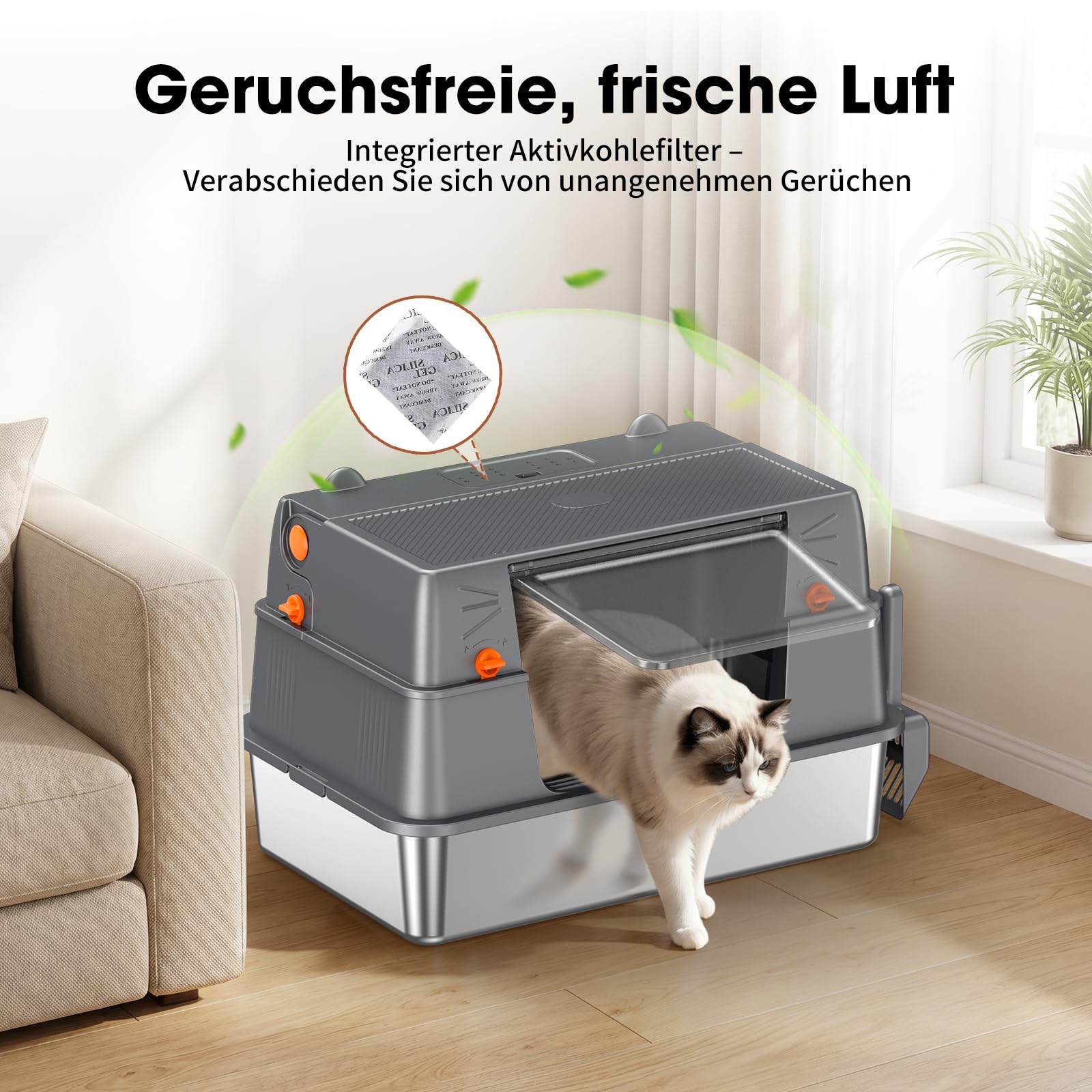 Edelstahl Katzentoilette Geschlossen 100° Klappdeckel,Dunkelgrau | Metallwanne, Vollständige Öffnung, Leichte Reinigung, 55L Volumen, Stabil Für Große Katzen