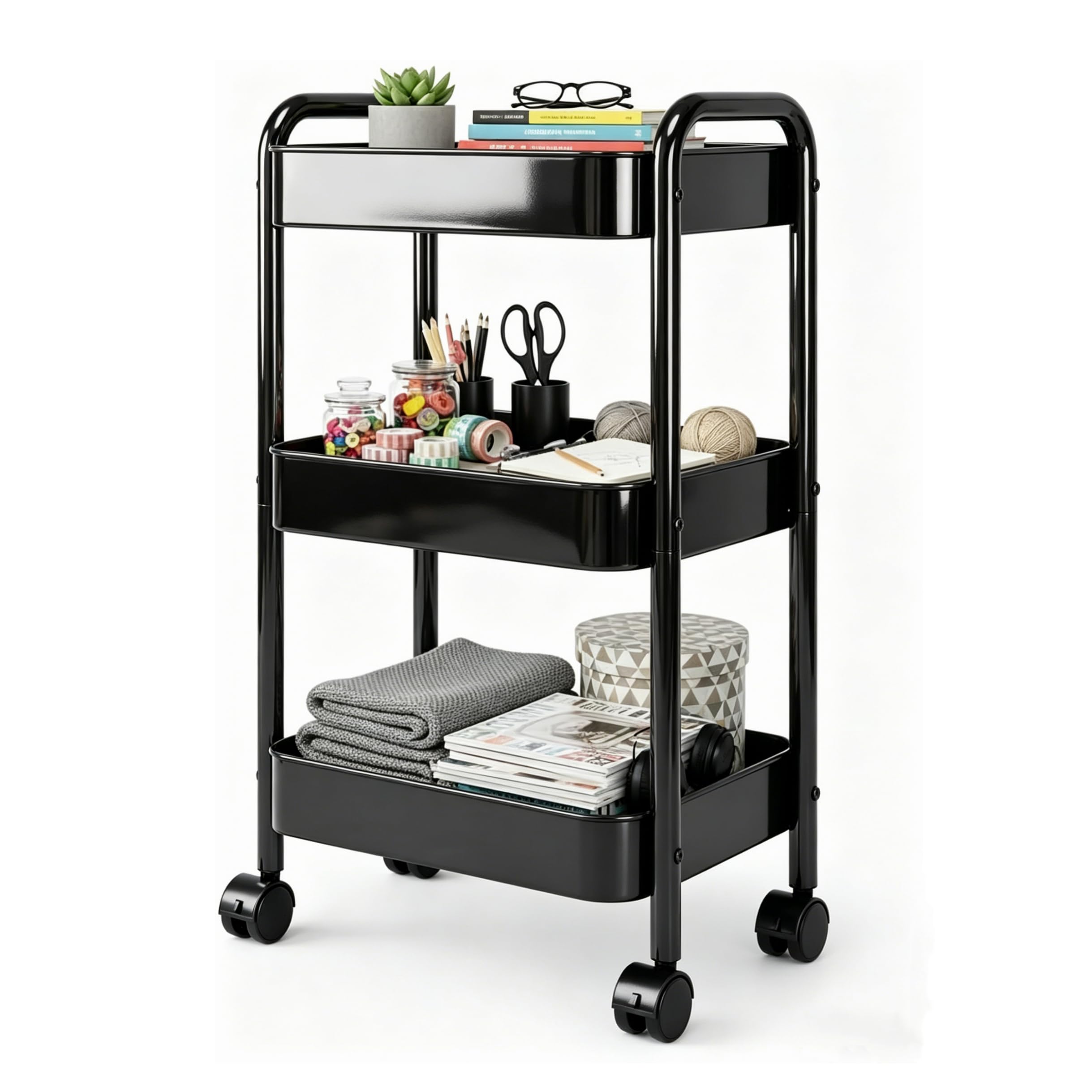 Nikphobos 3 Tier Storage Trolley, Metal Trolley Rolling Utility Cart on Wheels with Hooks, Multi-Purpose Organizer for Kitchen Bathroom Bedroom Office