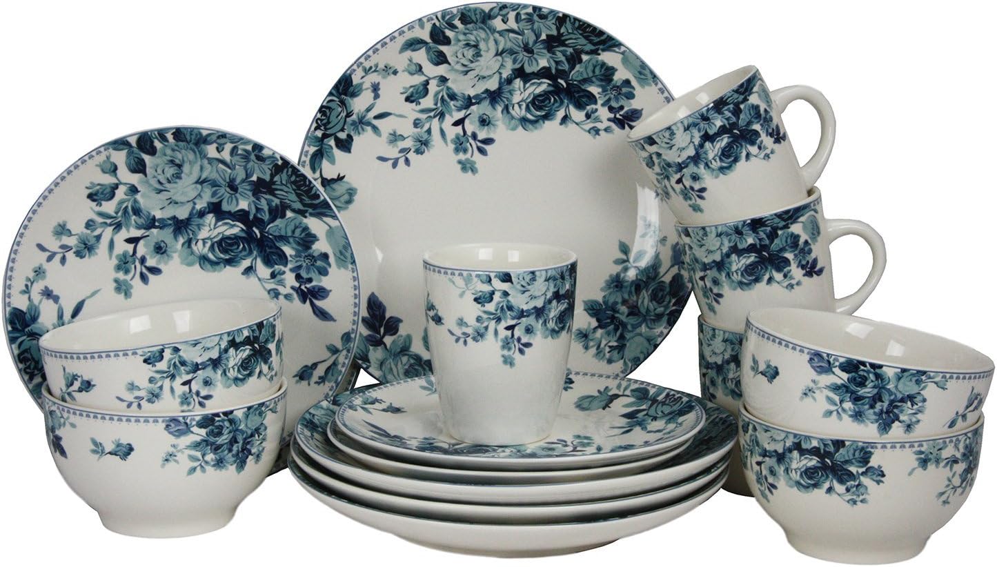 Elama 16 Piece Traditional Rose Dinnerware Set, Blue