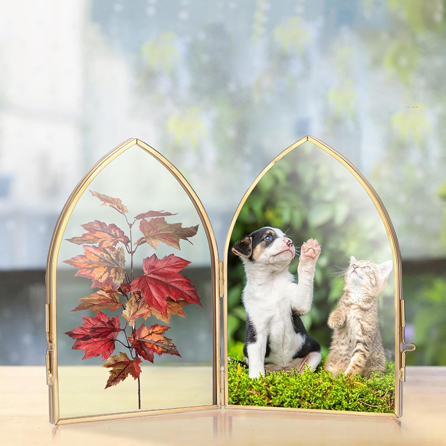 JUXYES 4x6 Brass Folding Photo Frames Tabletop Double Glass Picture Frame For Pressed Flowers, Unique Domes Metal Pictures Frame Countertop Folding Glass Frame for Pressed Flowers Photo Picture Poster
