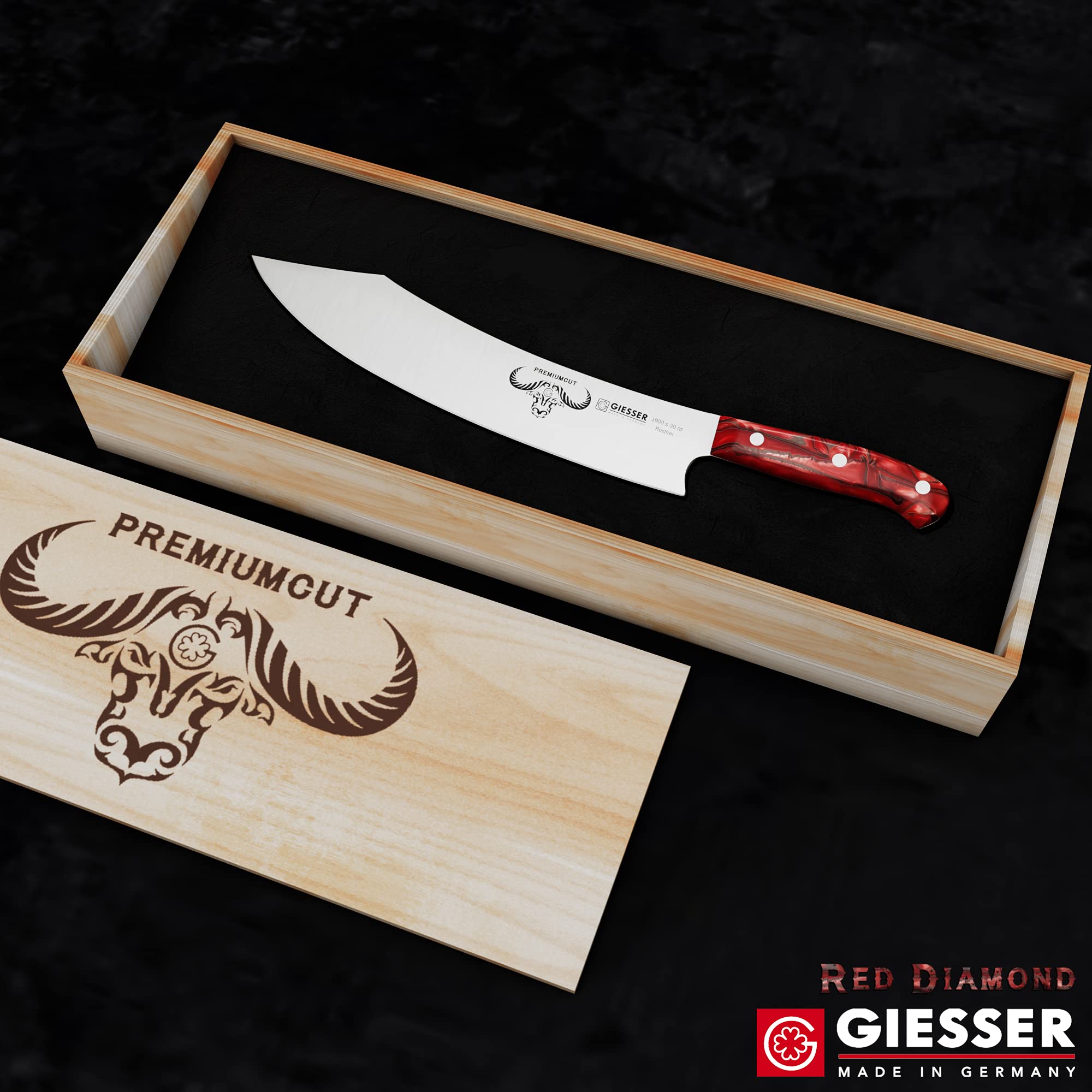 Giesser depuis 1776 - fabriqué en Allemagne - couteau de chef 30 cm Red Diamond, PremiumCut Barbecue No 1, couteau de cuisine, acrylique, rouge, inoxydable, couteau à griller allemand tranchant