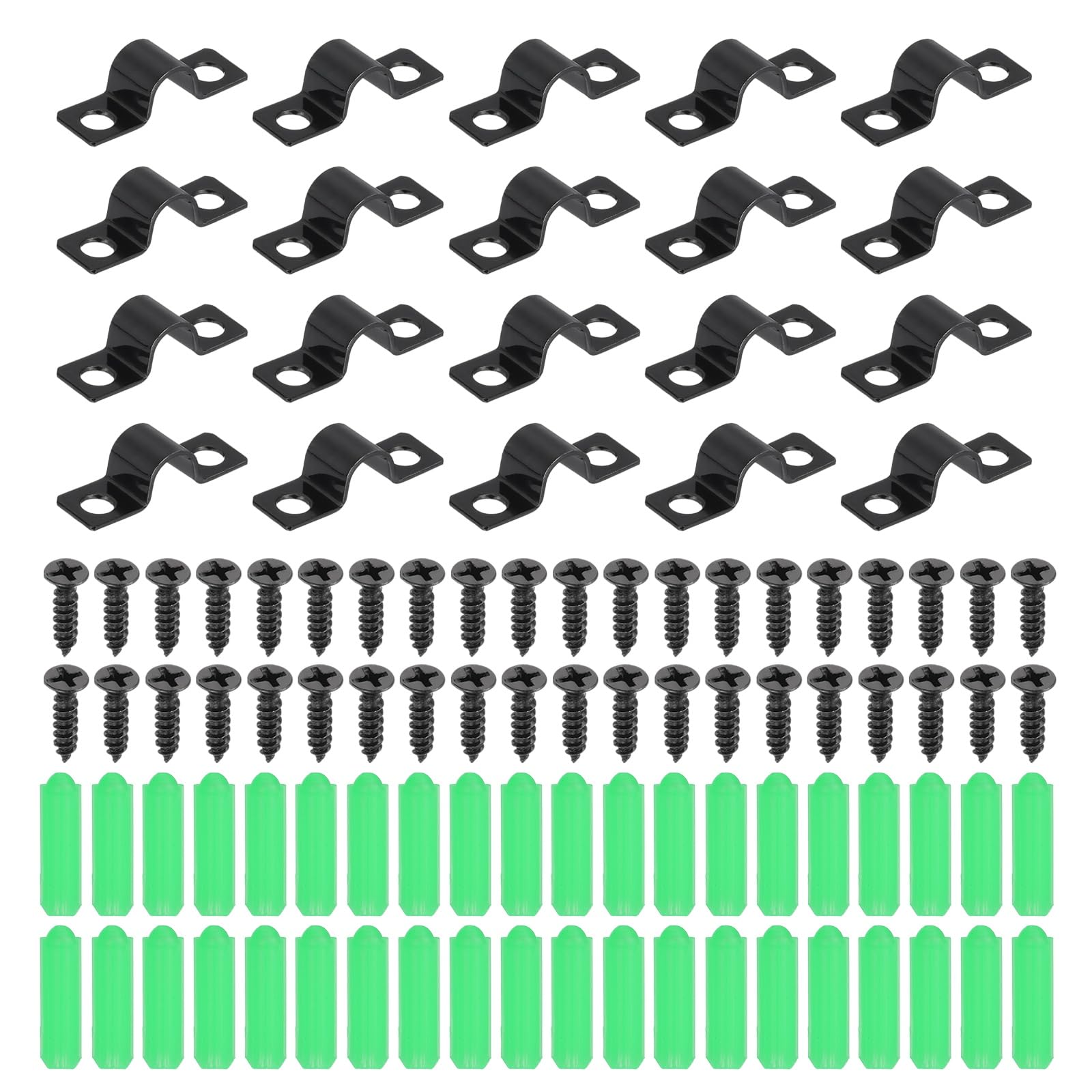sourcing map 20Pcs 8mm(5/16") Two Hole Pipe Strap, Rigid U Brackets Conduit Clamp Heavy Duty Carbon Steel Pipe Strap Clip with Self-Tapping Screws and Expansion Tubes for Fixing Tube Wire Cord