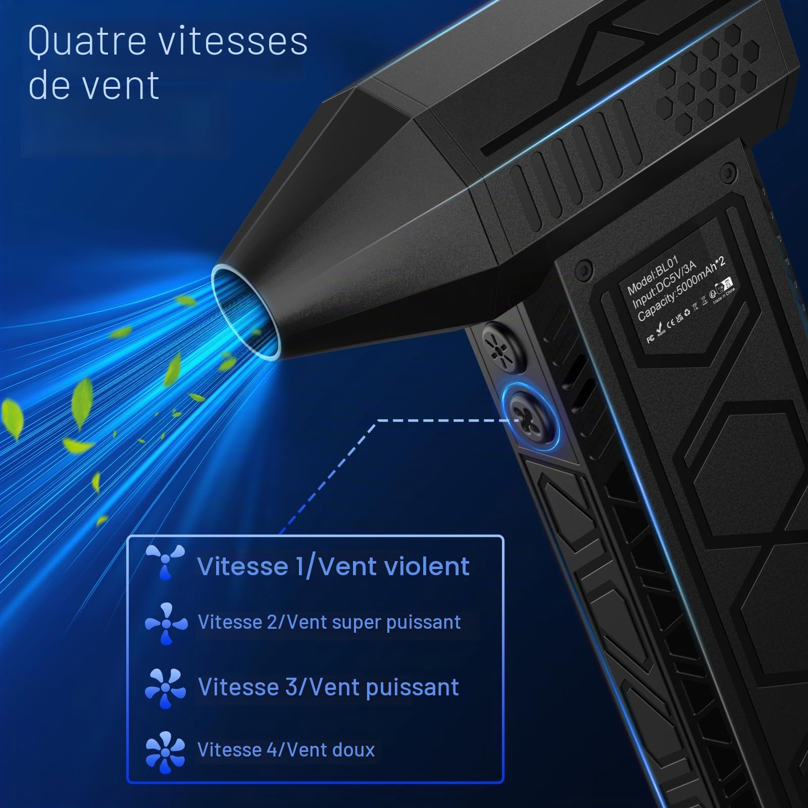 Dépoussiéreur électrique avec lampe de poche, ventilateur turbo à air comprimé 180 000 tr/min (10 000 mAh), ventilateur à jet multifonction, souffleur d'air électrique avec éclairage assisté
