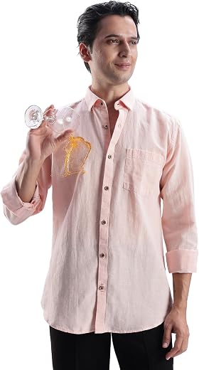 TURMS Men's Casual Solid Linen Shirt | Water Repellent | Anti Stain Anti Odor | Kansas Linen | Concealed Button Down Colla...