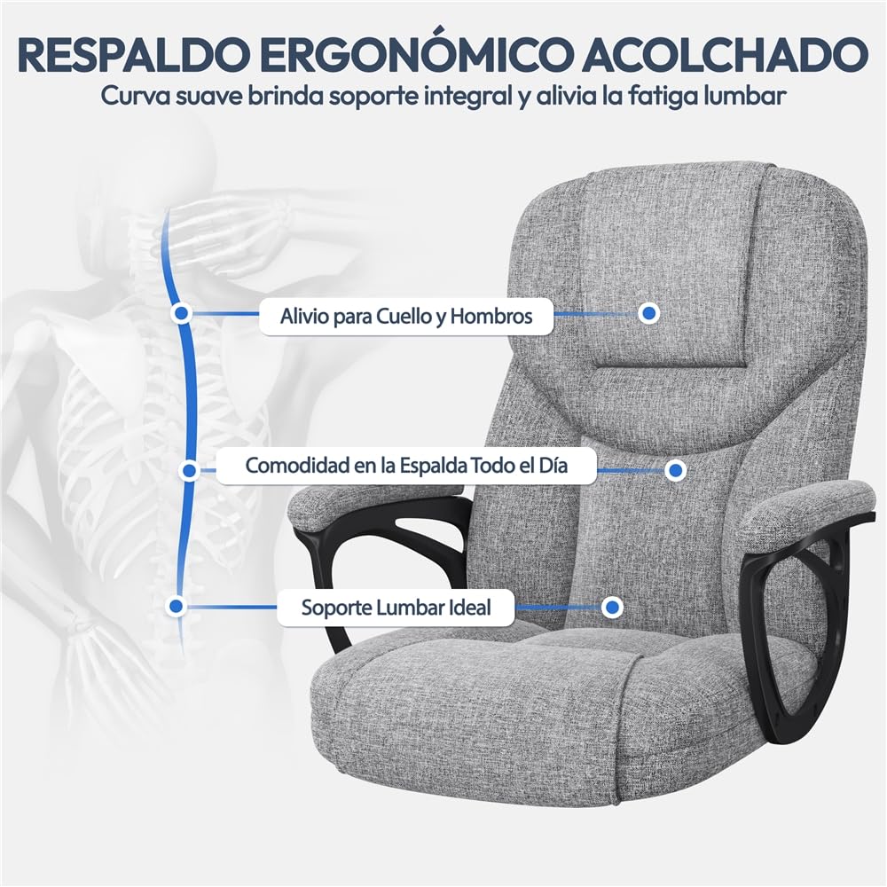 Yaheetech Silla de Oficina de Tela con Respaldo Alto Ergonómico Altura Ajustable Silla de Escritorio Ejecutiva Silla Giratoria Reclinable Sillón Gris
