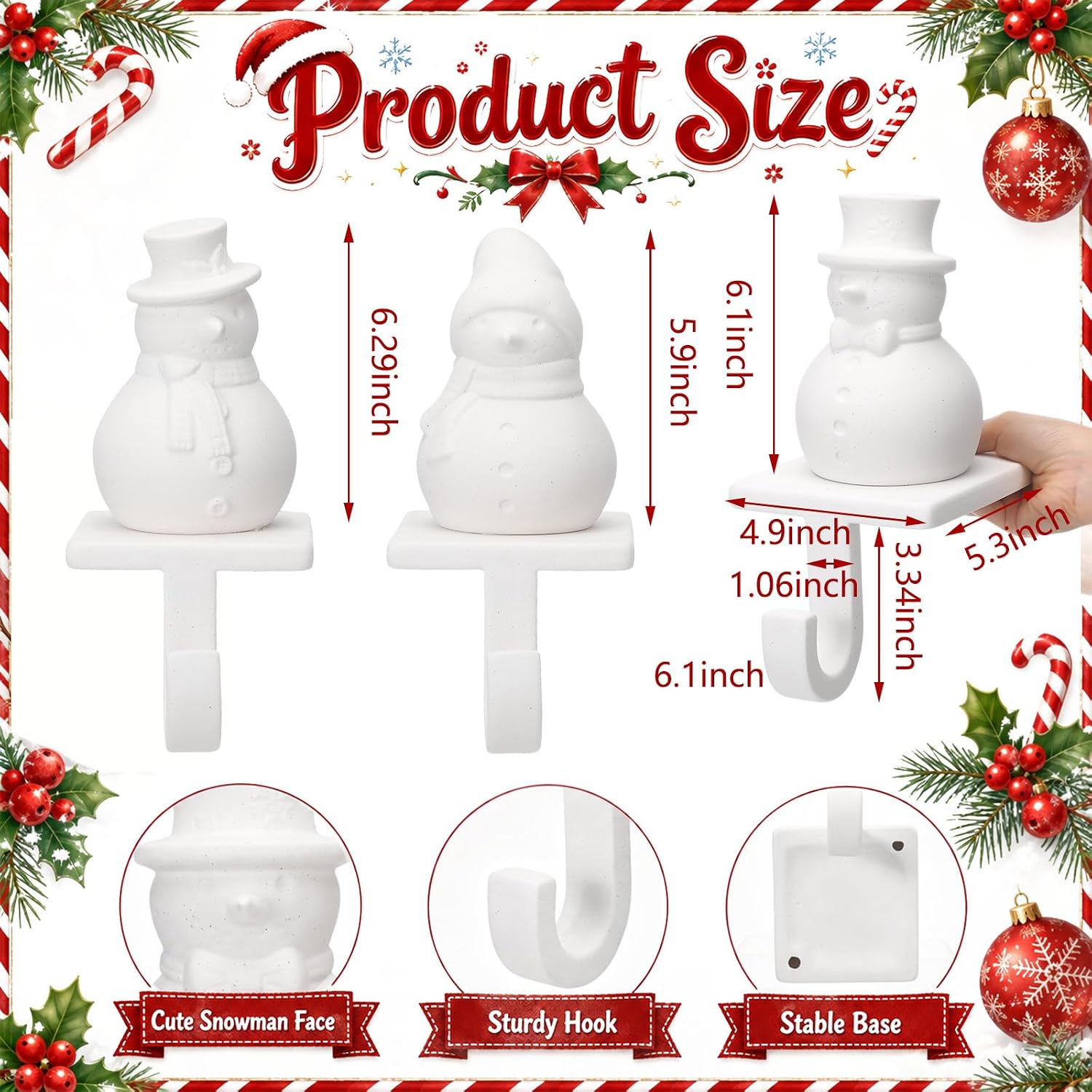 3 Pack Christmas Terracotta Snowman Stocking Holders for Mantel, Ceramic